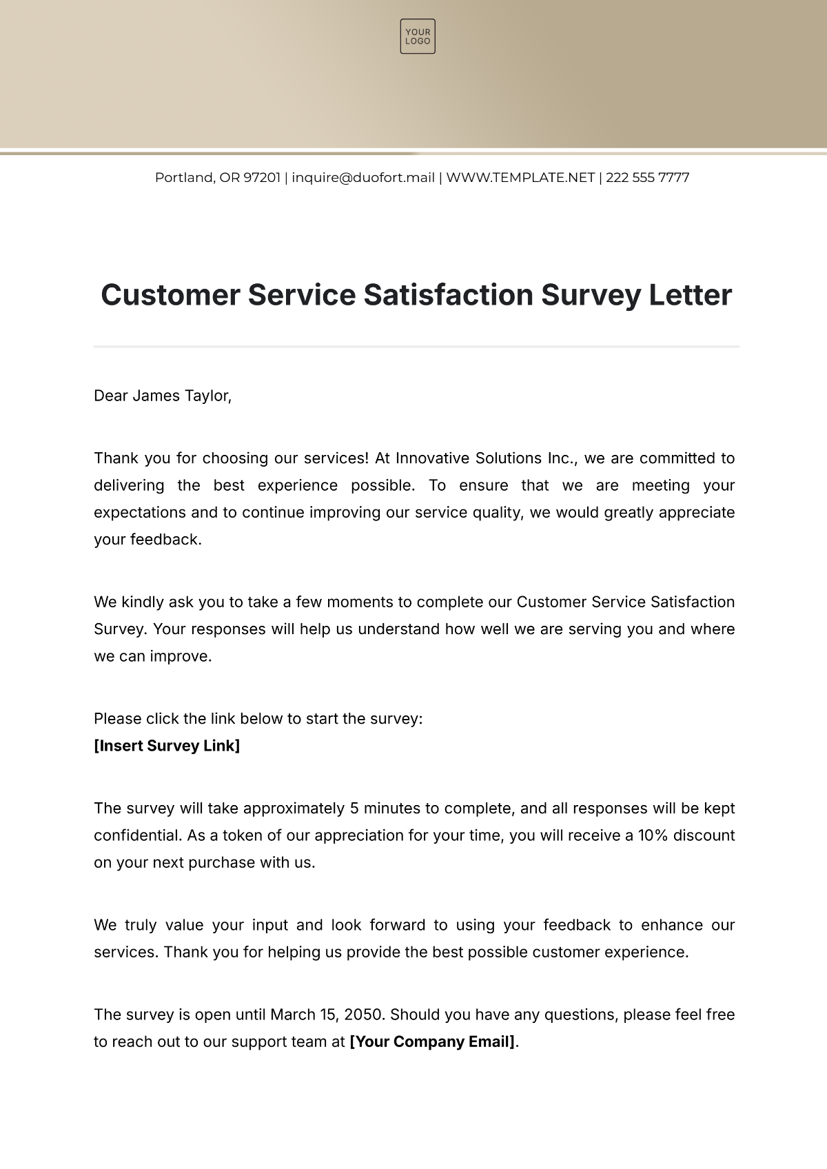 Customer Service Satisfaction Survey Letter Template - Edit Online & Download