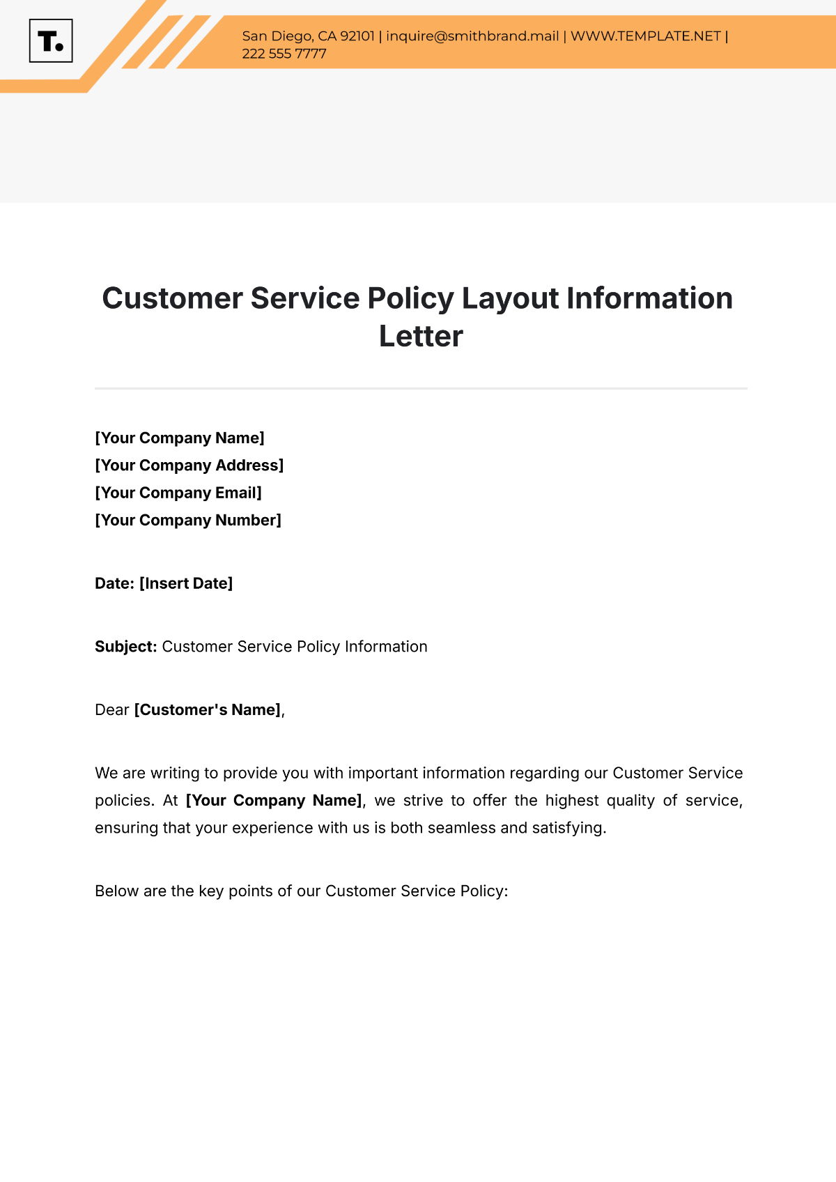 Customer Service Policy Layout Information Letter Template - Edit Online & Download