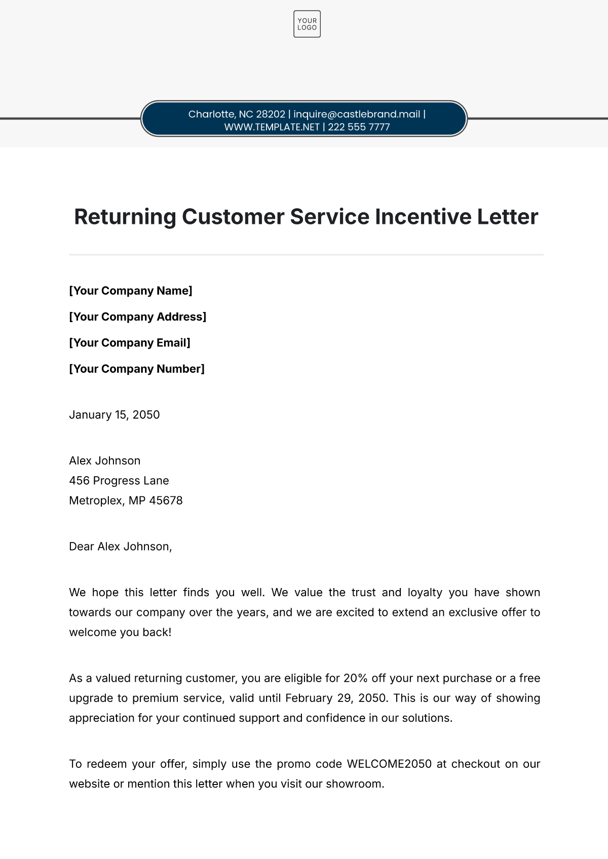 Returning Customer Service Incentive Letter Template - Edit Online & Download