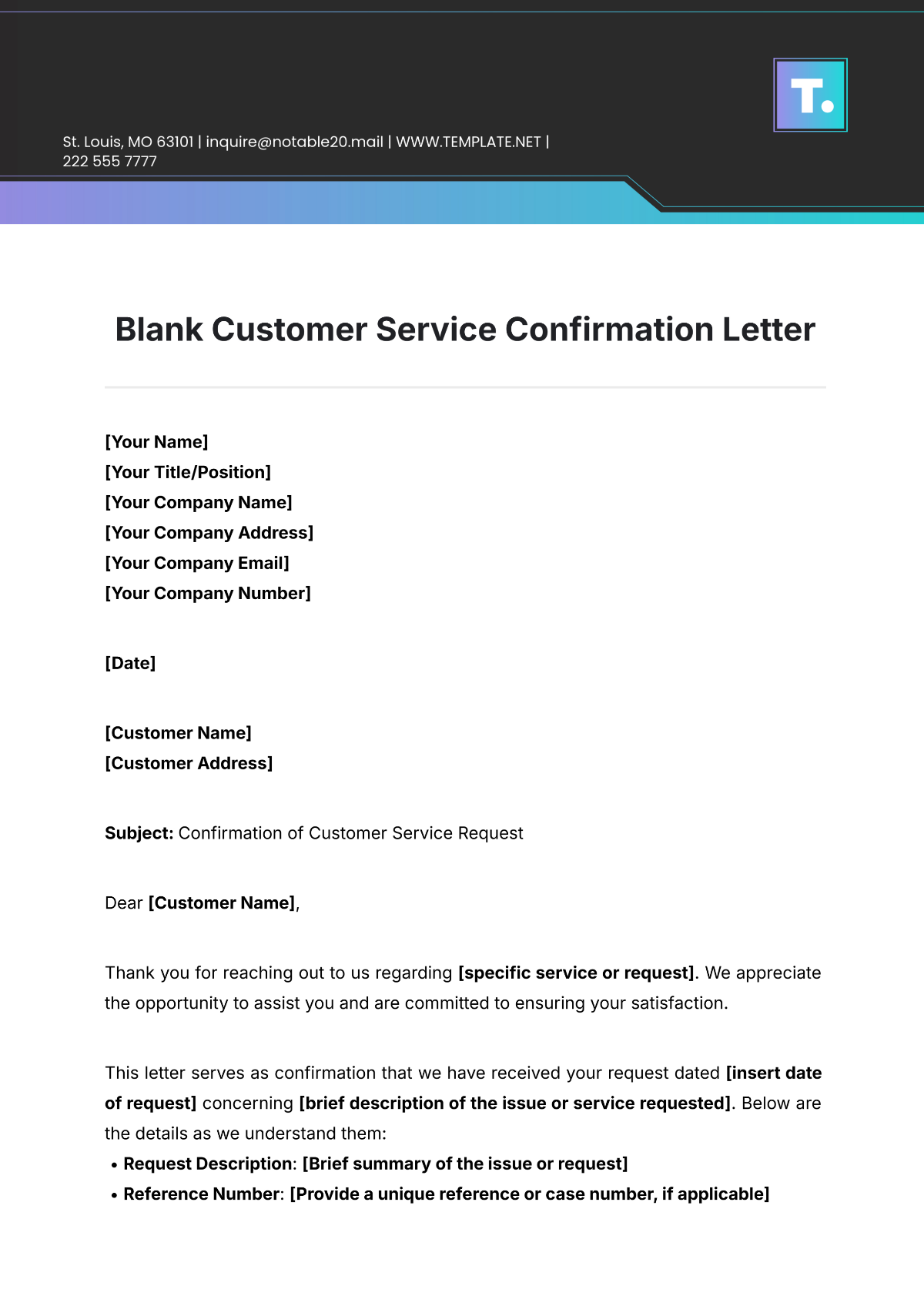 Blank Customer Service Confirmation Letter Template - Edit Online & Download