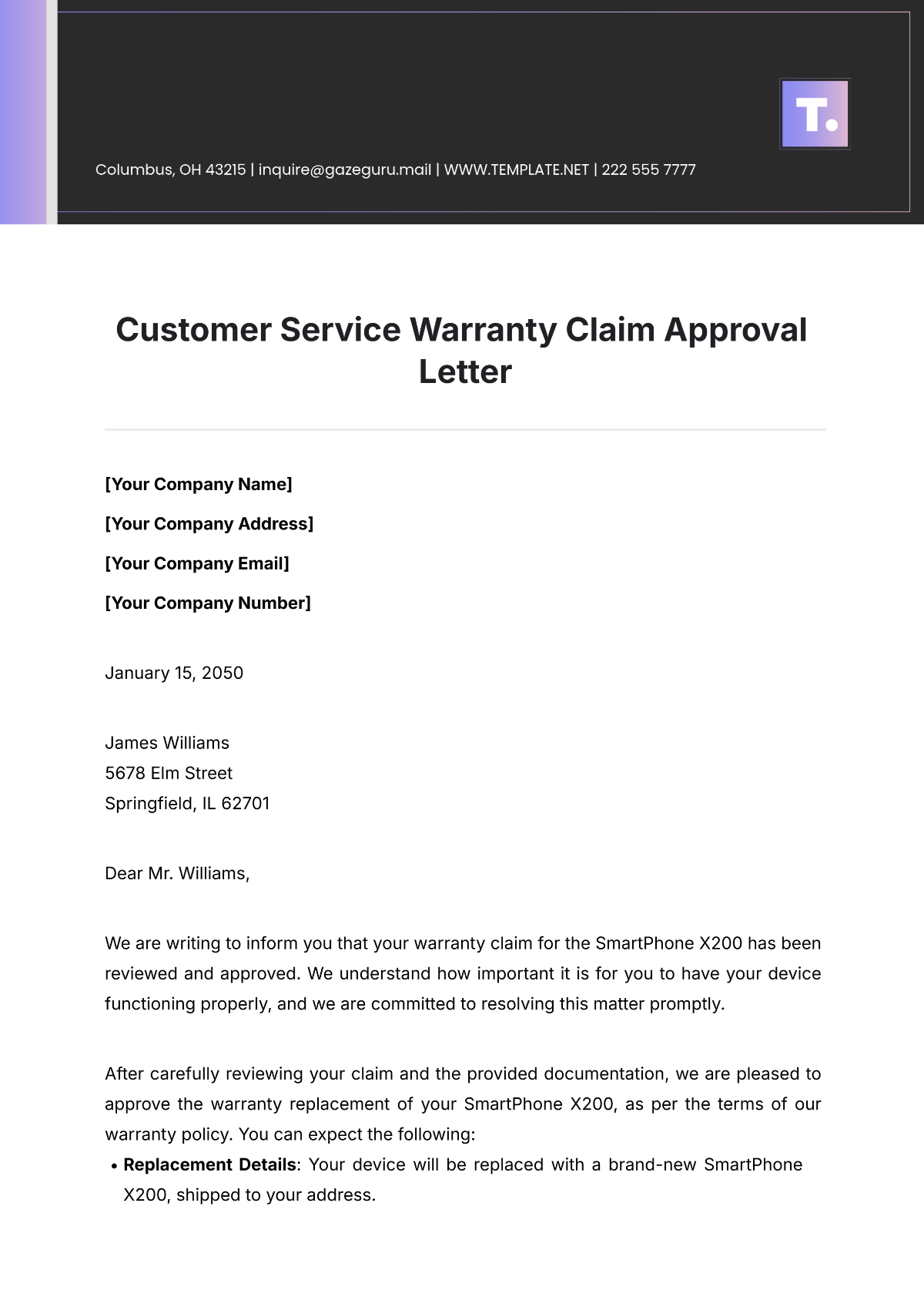 Customer Service Warranty Claim Approval Letter Template - Edit Online & Download