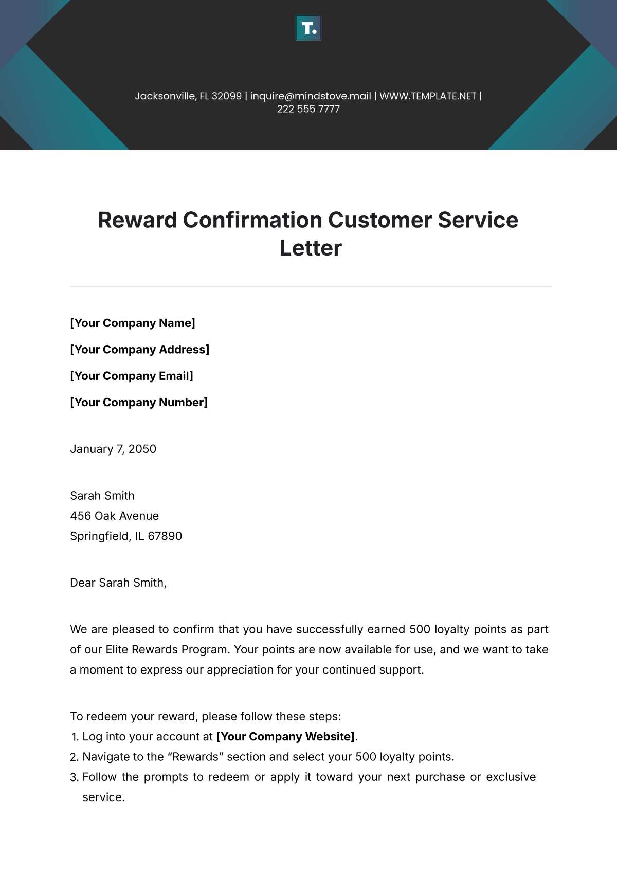 Reward Confirmation Customer Service Letter Template - Edit Online & Download