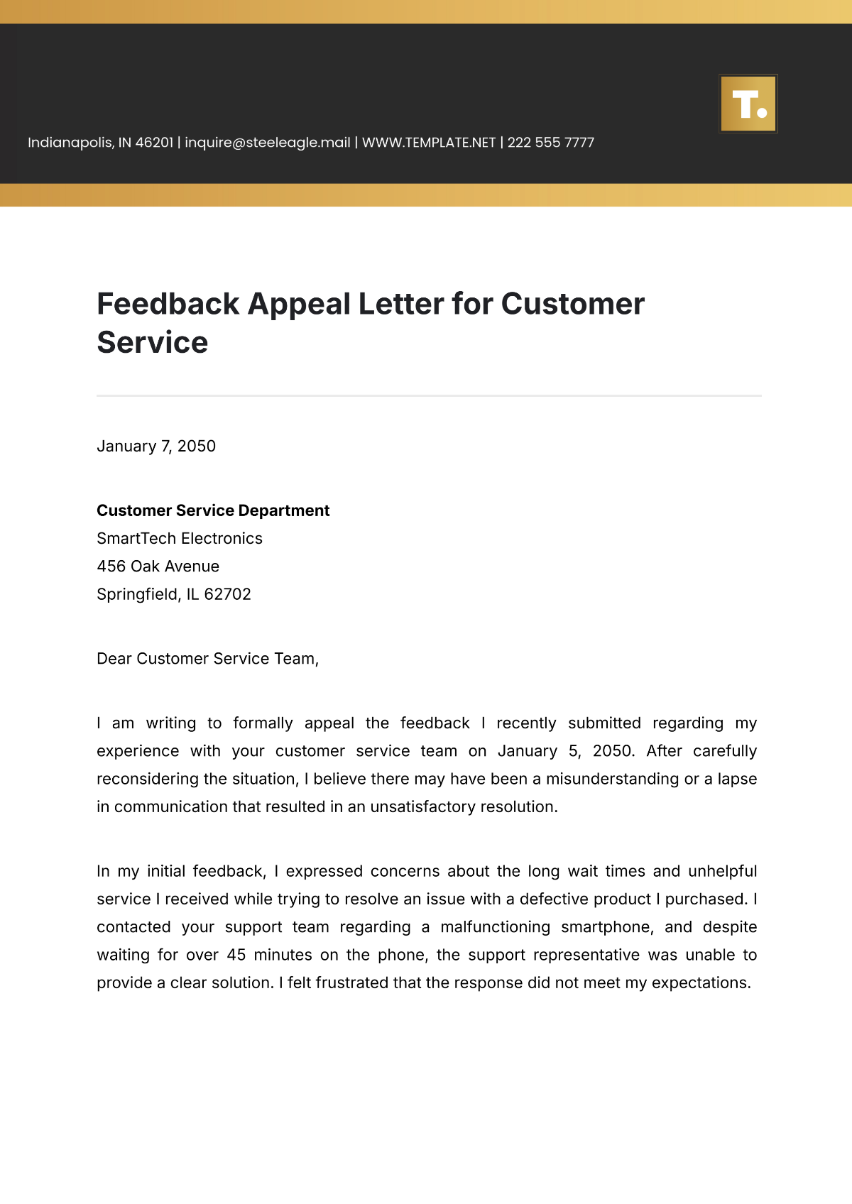 Feedback Appeal Letter for Customer Service Template - Edit Online & Download