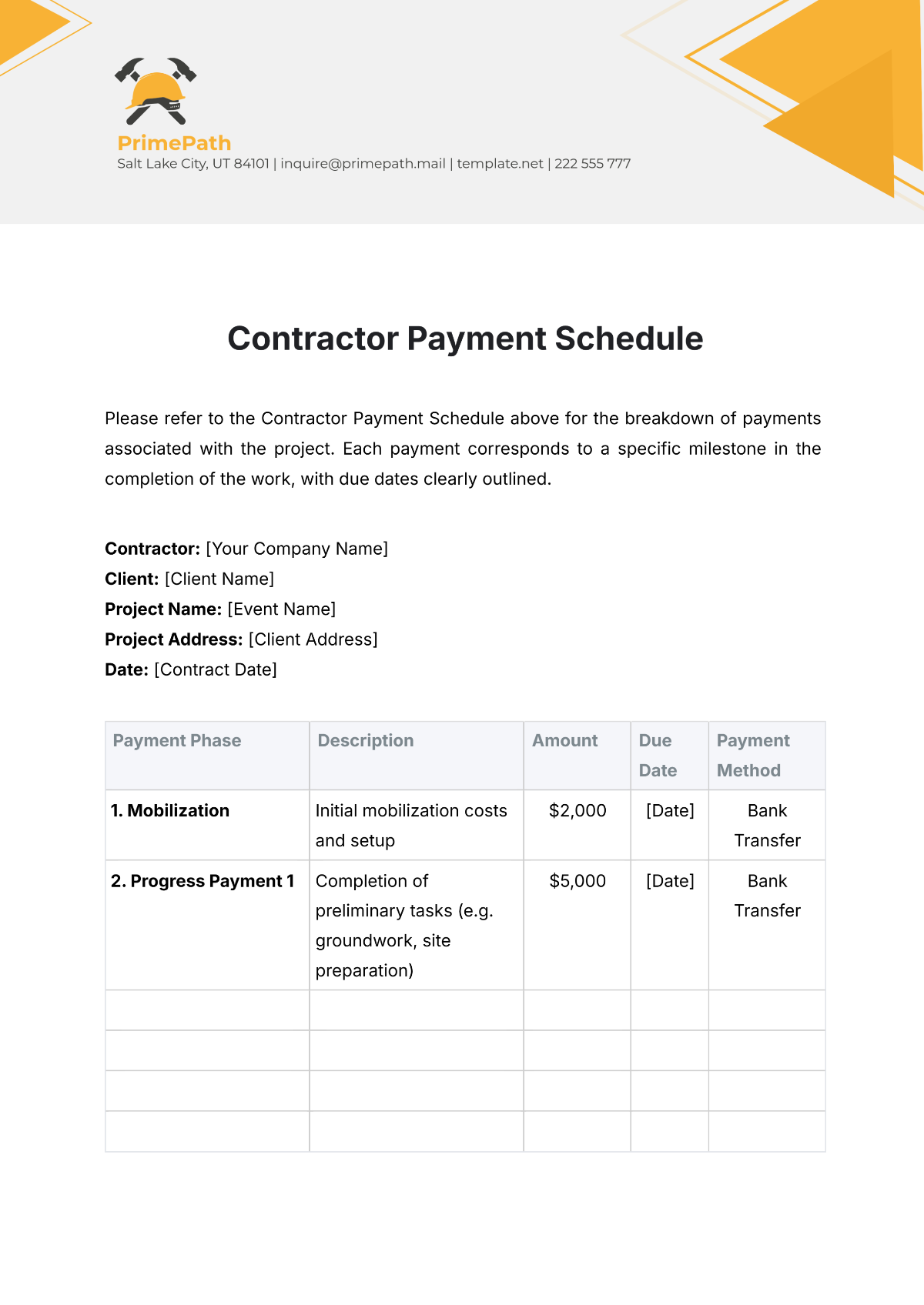 Free Contractor Payment Schedule Template