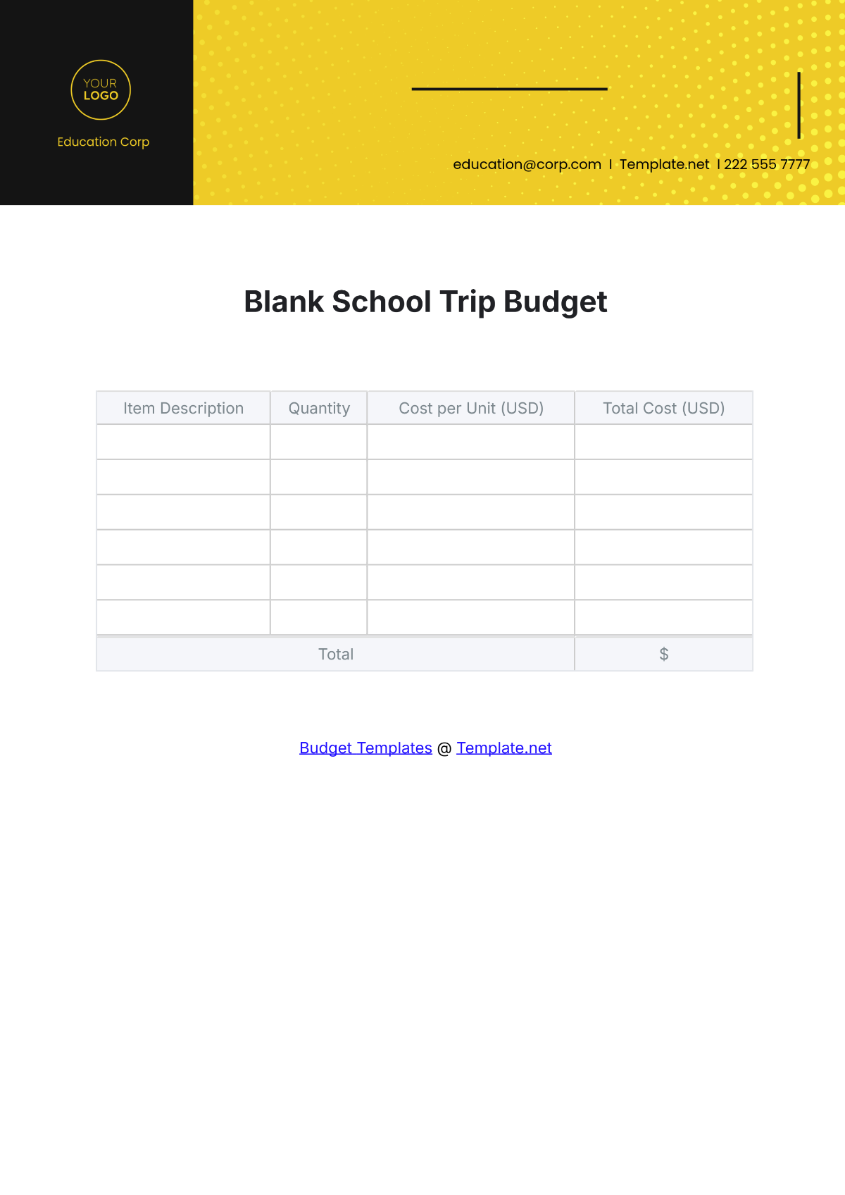 Free Blank School Trip Budget Template