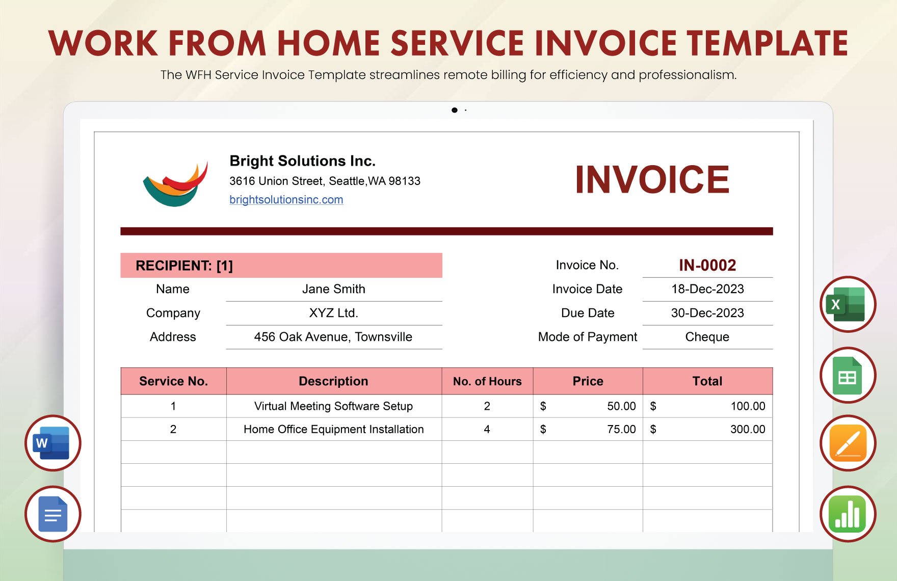 Work From Home Services Invoice Template in Word, Google Docs, Excel, Google Sheets, Apple Pages, Apple Numbers