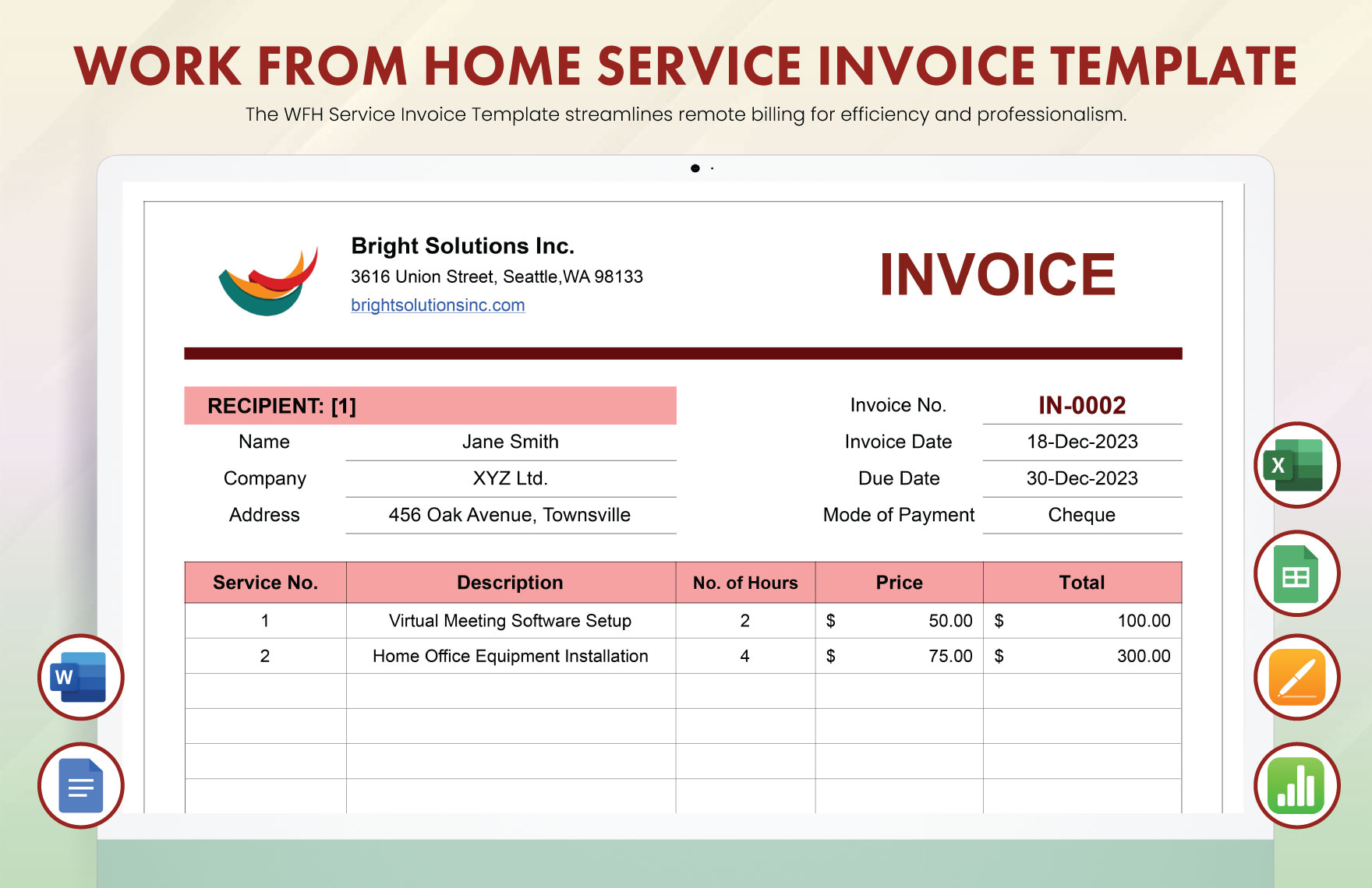 Work From Home Services Invoice Template in Google Docs, Word, Pages, Apple Numbers, Excel, Google Sheets - Download | Template.net