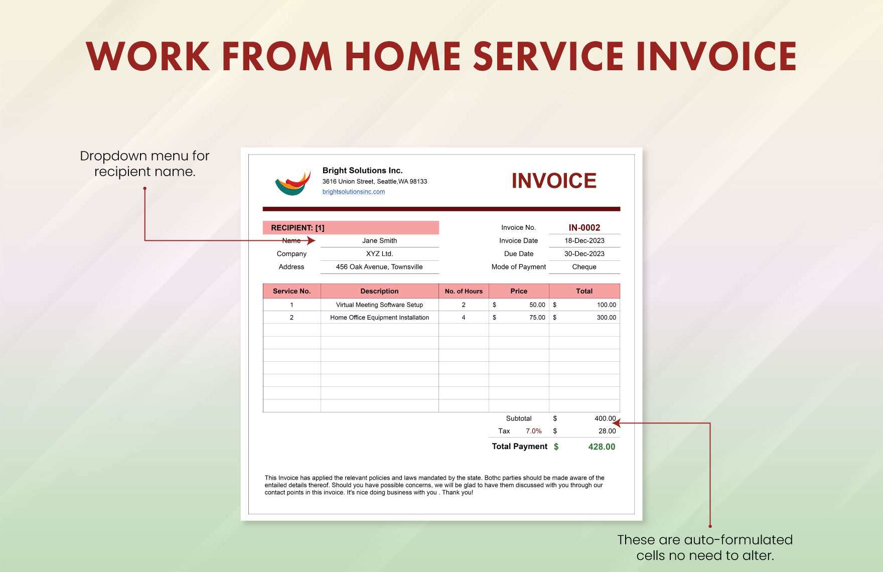Work From Home Services Invoice Template