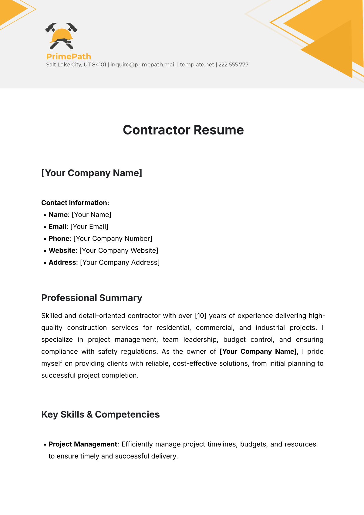 Free Contractor Resume Template - Edit Online & Download 