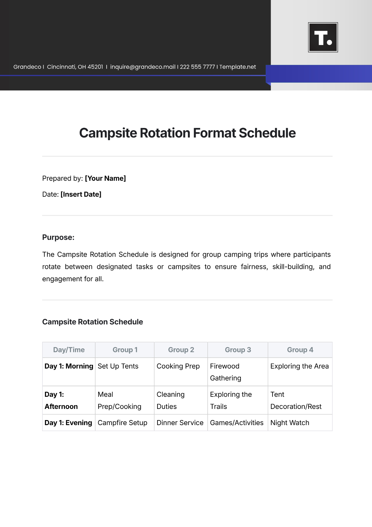 Free Campsite Rotation Format Schedule Template