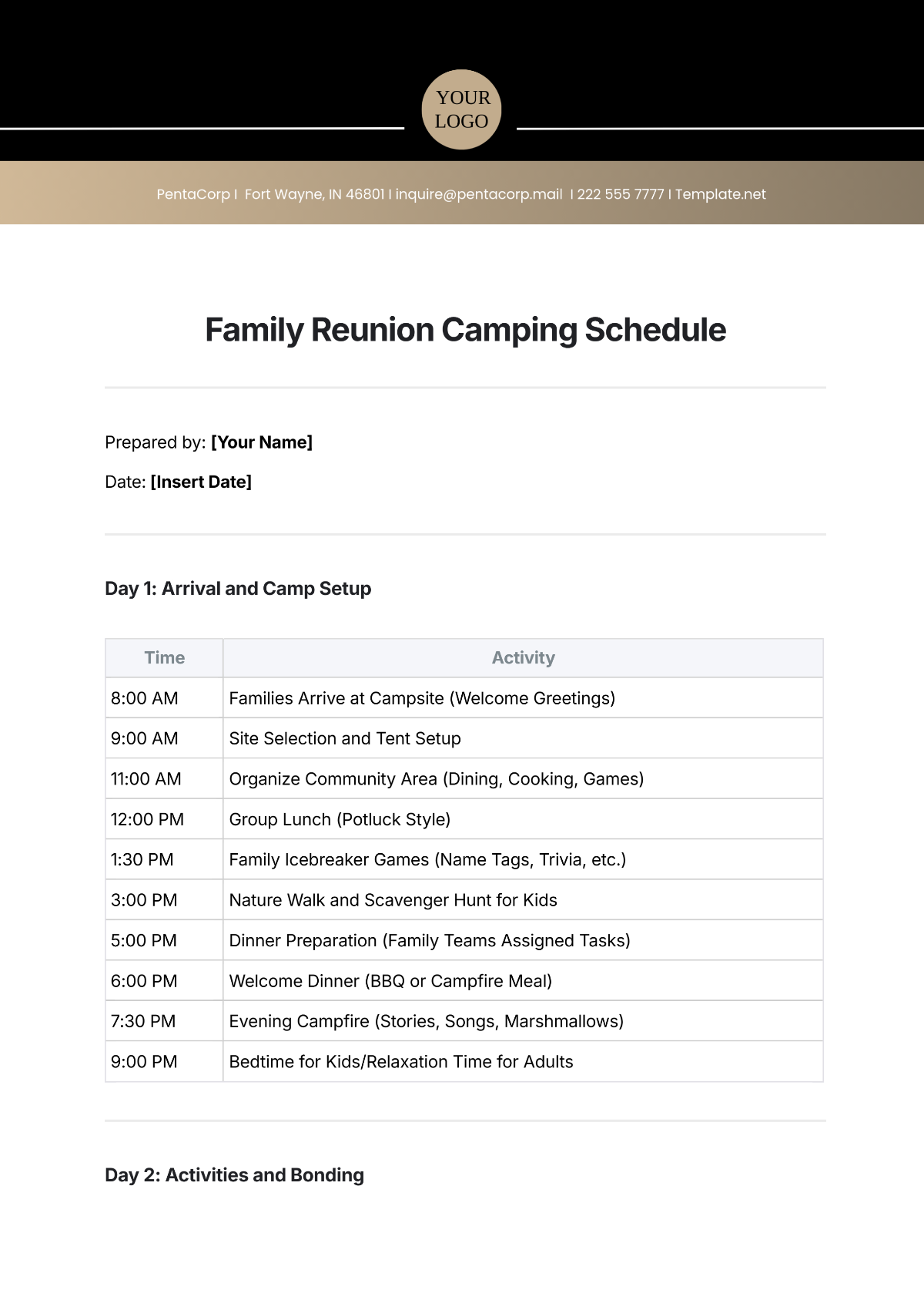 Free Family Reunion Camping Schedule Template