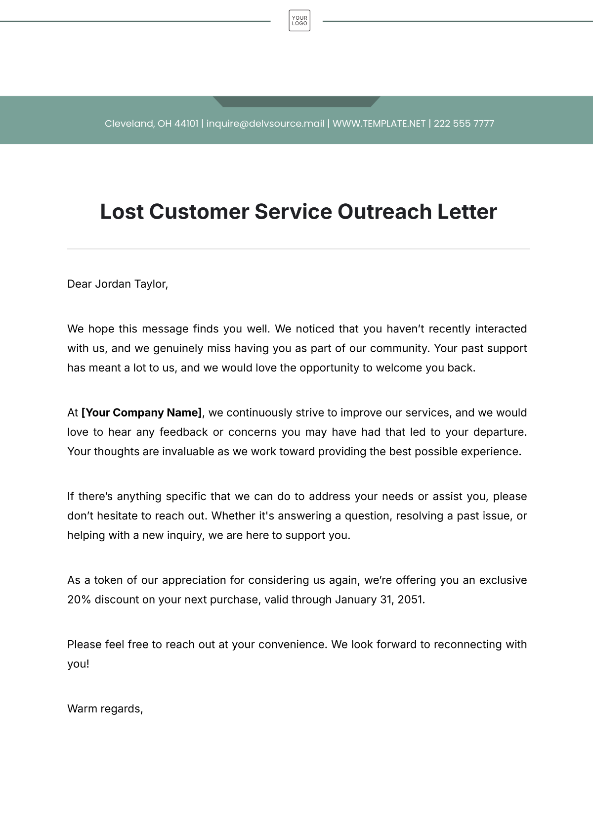 Lost Customer Service Outreach Letter Template - Edit Online & Download