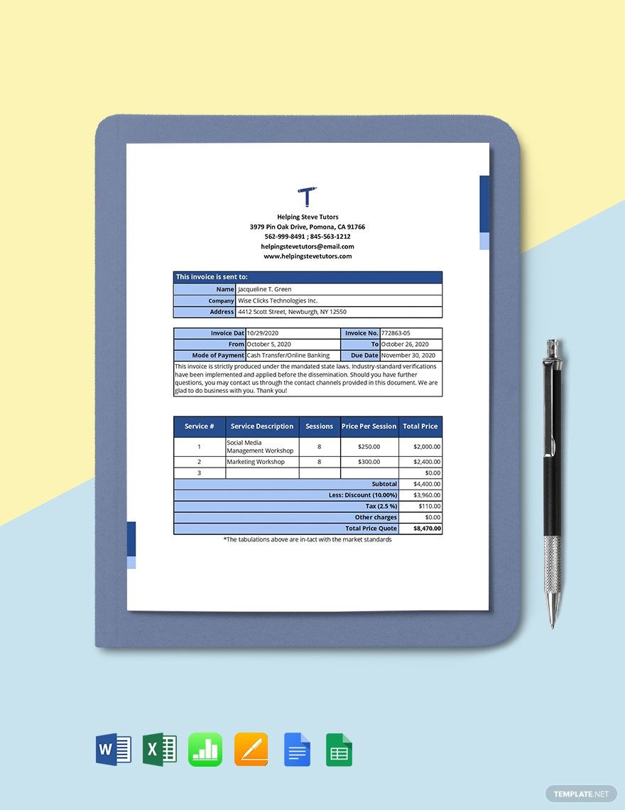 Freelance Work From Home Invoice Template in Google Docs, Google Sheets, Word, Excel, Pages, Apple Numbers - Download | Template.net