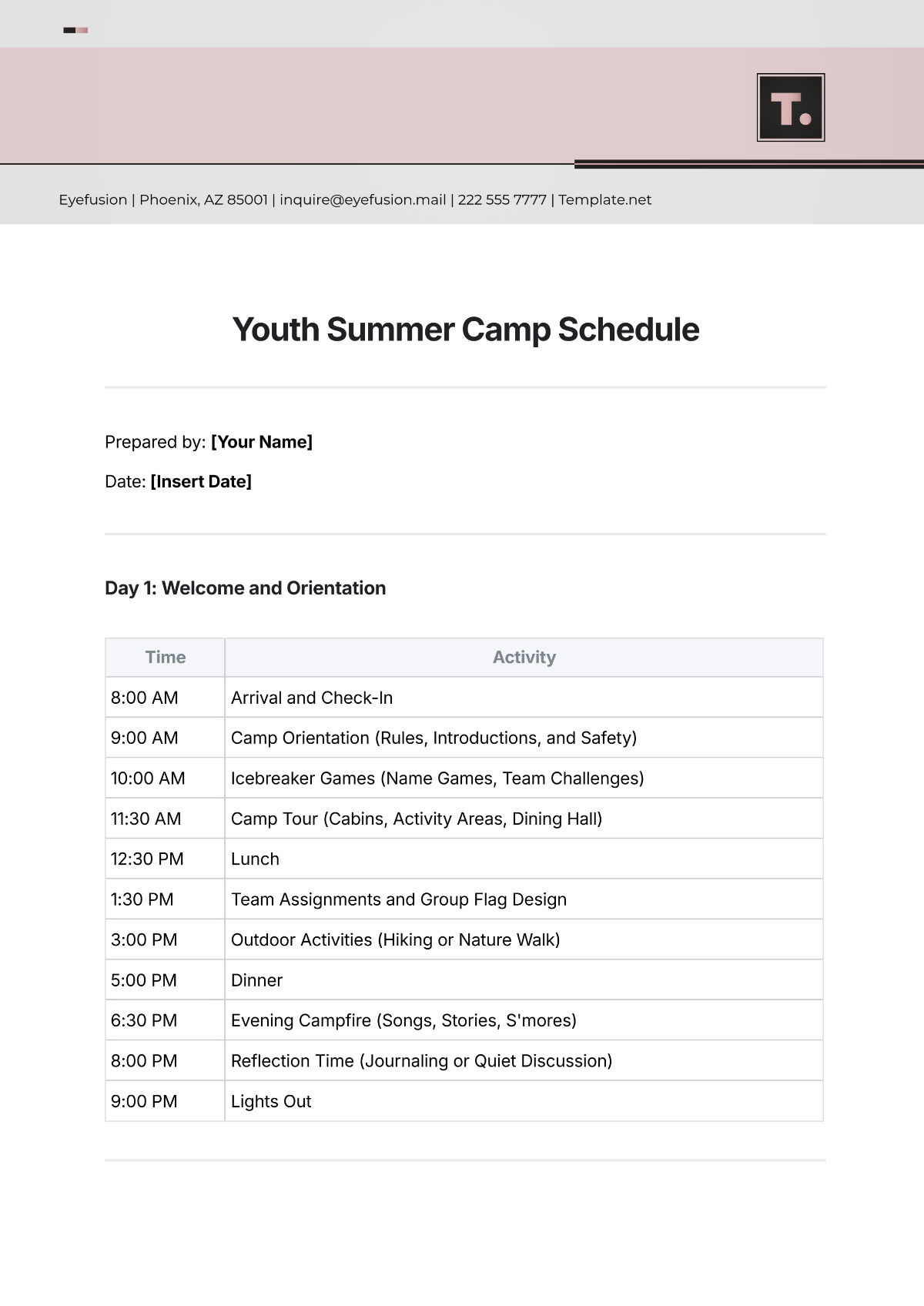 Free Youth Summer Camp Schedule Template