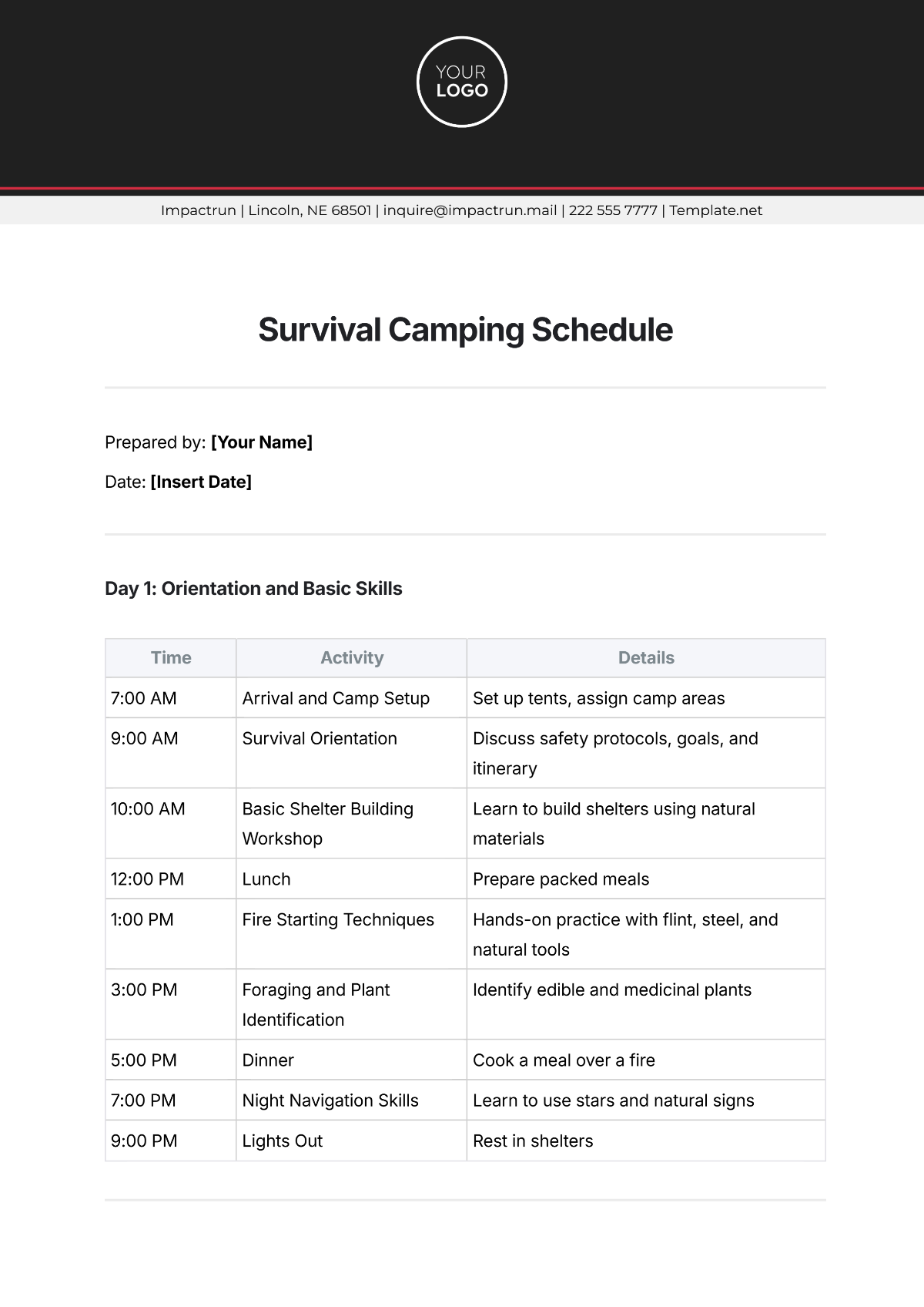 Free Survival Camping Schedule Template