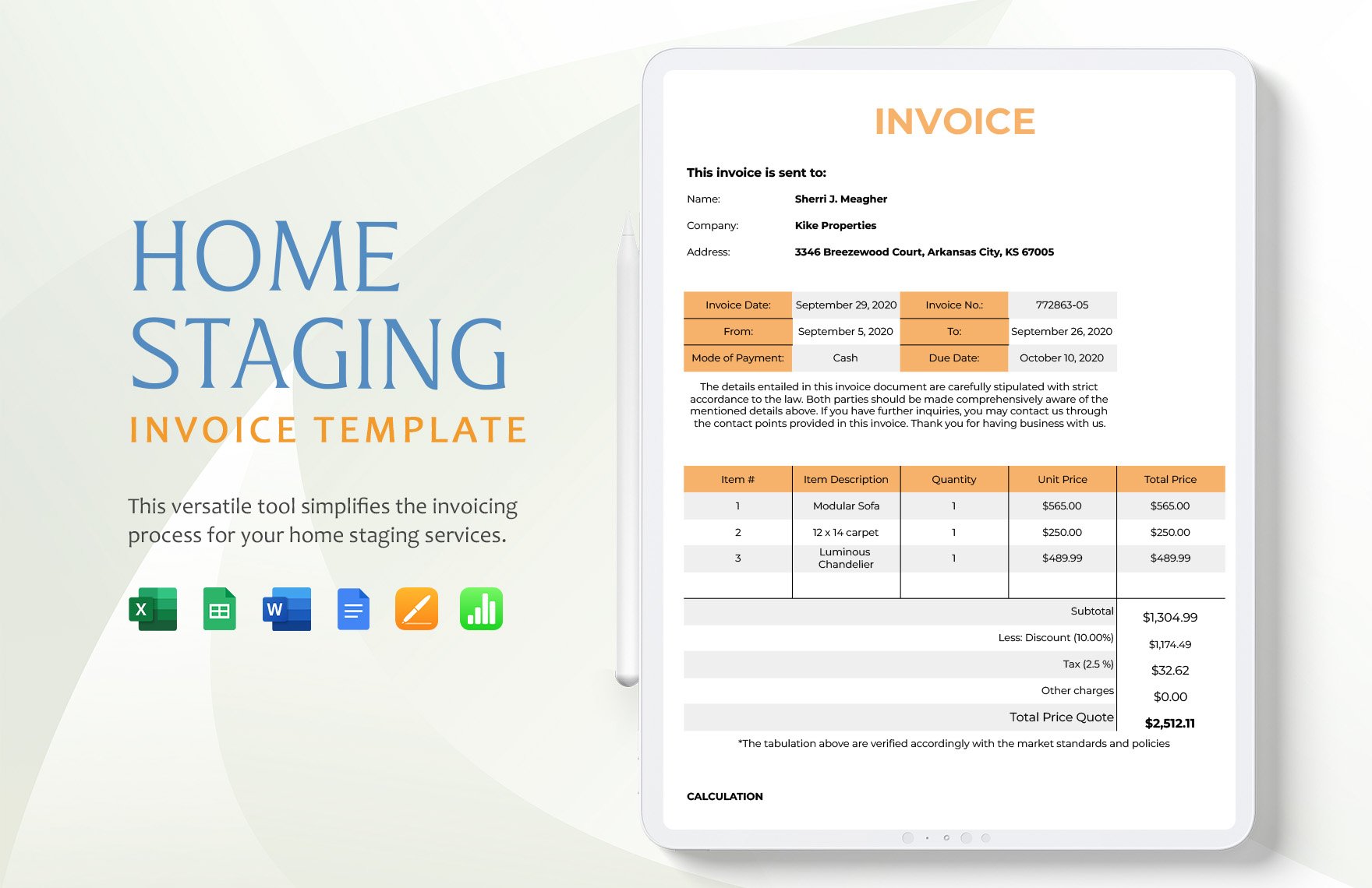 Home Staging Invoice Template in Word, Google Docs, Excel, Google Sheets, Apple Pages, Apple Numbers