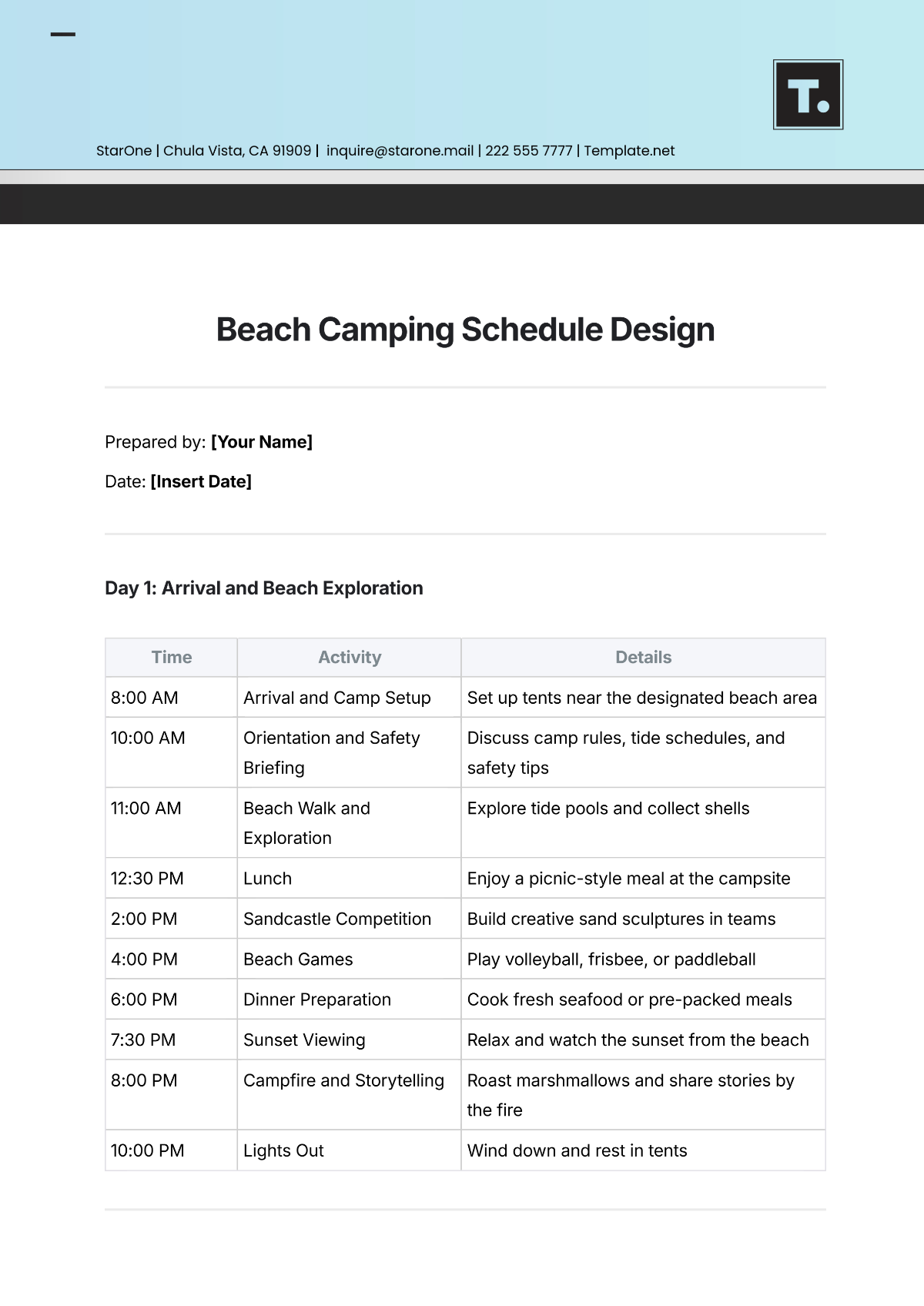 Free Beach Camping Schedule Design Template