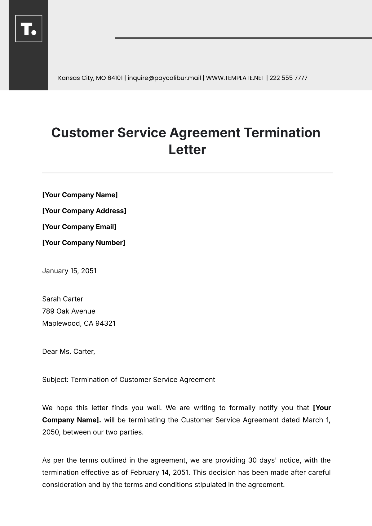 Customer Service Agreement Termination Letter Template - Edit Online & Download