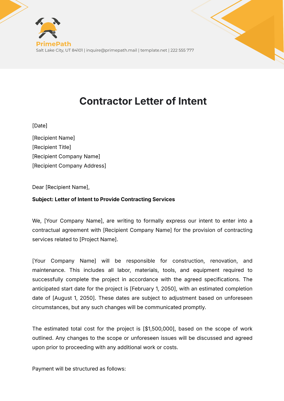 Contractor Letter of Intent Template - Edit Online & Download