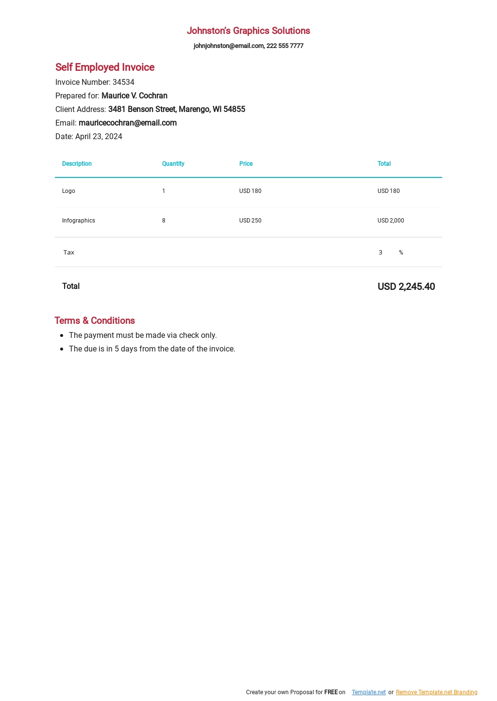 Excel Self Employed Printable Invoice Template Mumusu 1508