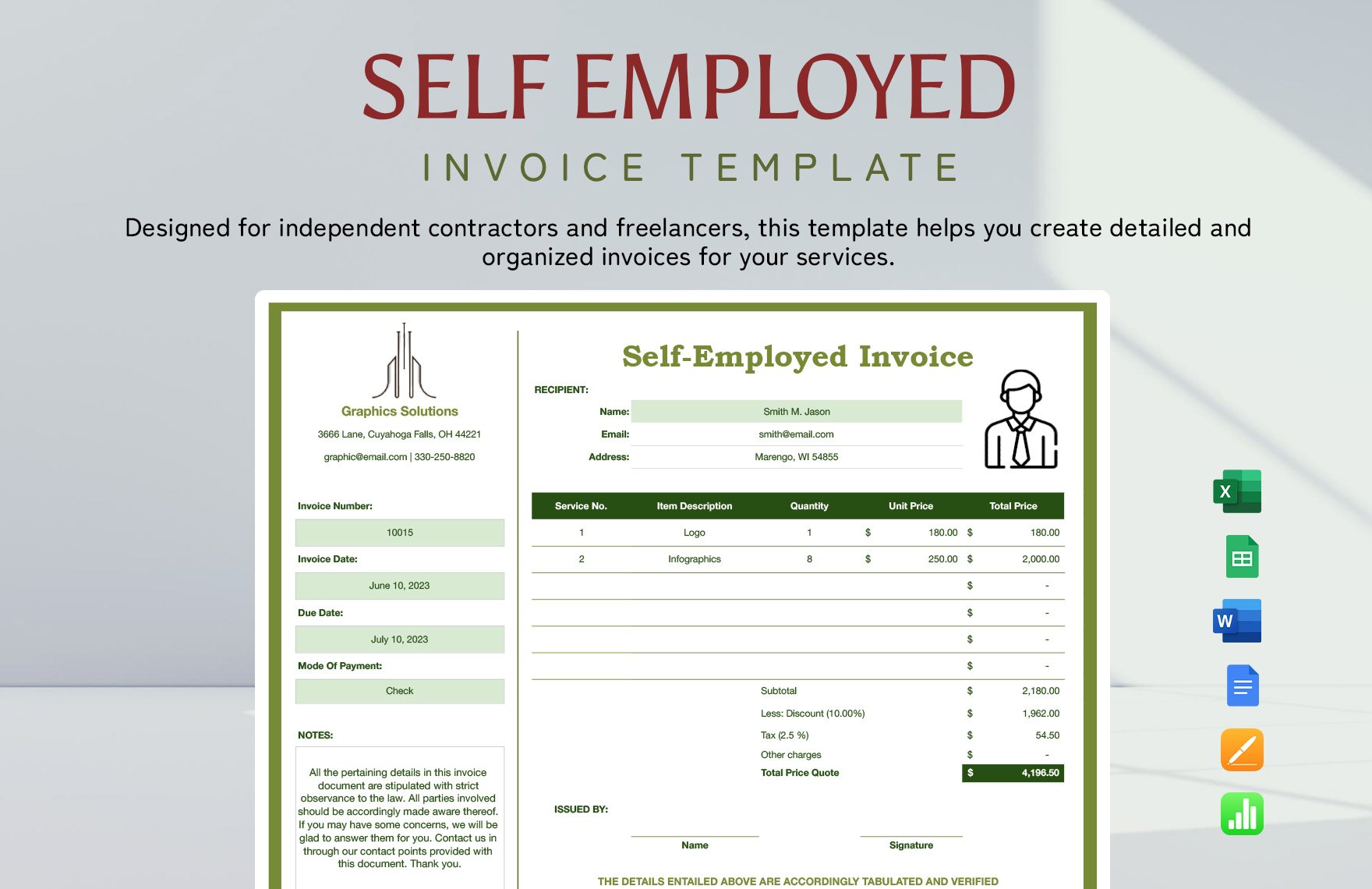 Free Self-Employed Invoice Template in Word, Google Docs, Excel, Google Sheets, Apple Pages, Apple Numbers