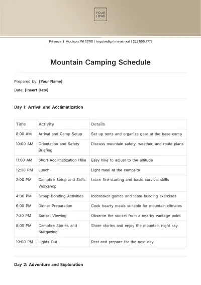 Free Mountain Camping Schedule Template to Edit Online
