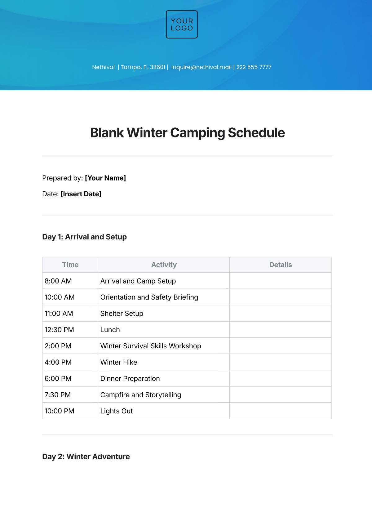 Free Blank Winter Camping Schedule Template