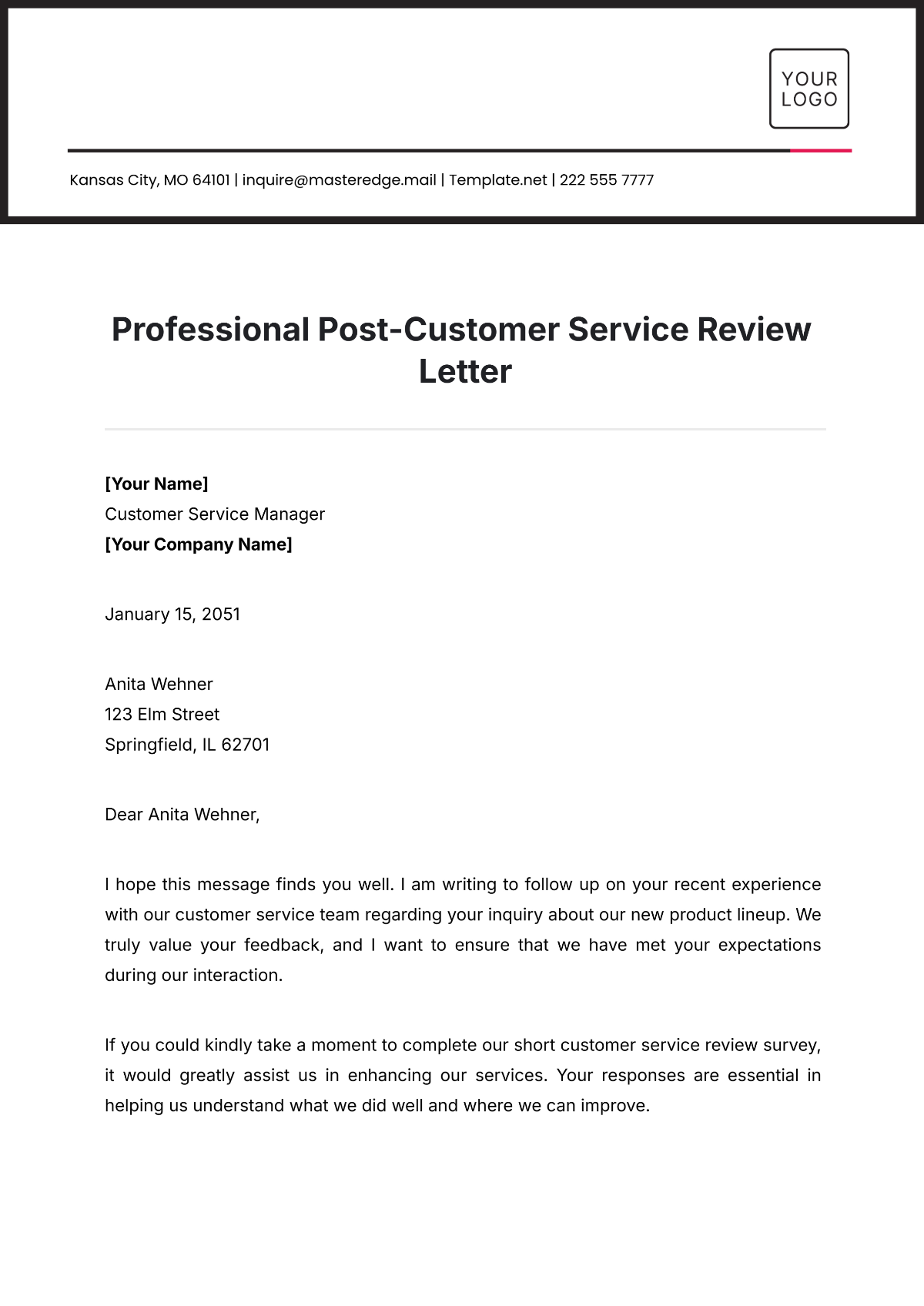 Professional Post-Customer Service Review Letter Template - Edit Online & Download