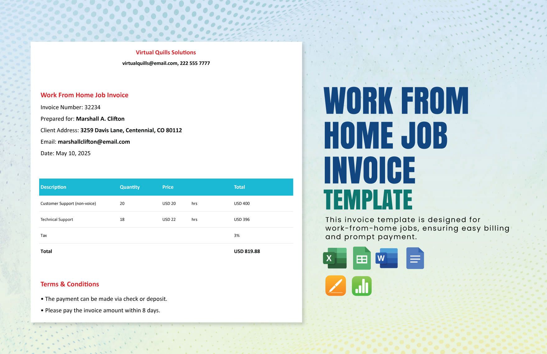 Work From Home Job Invoice Template