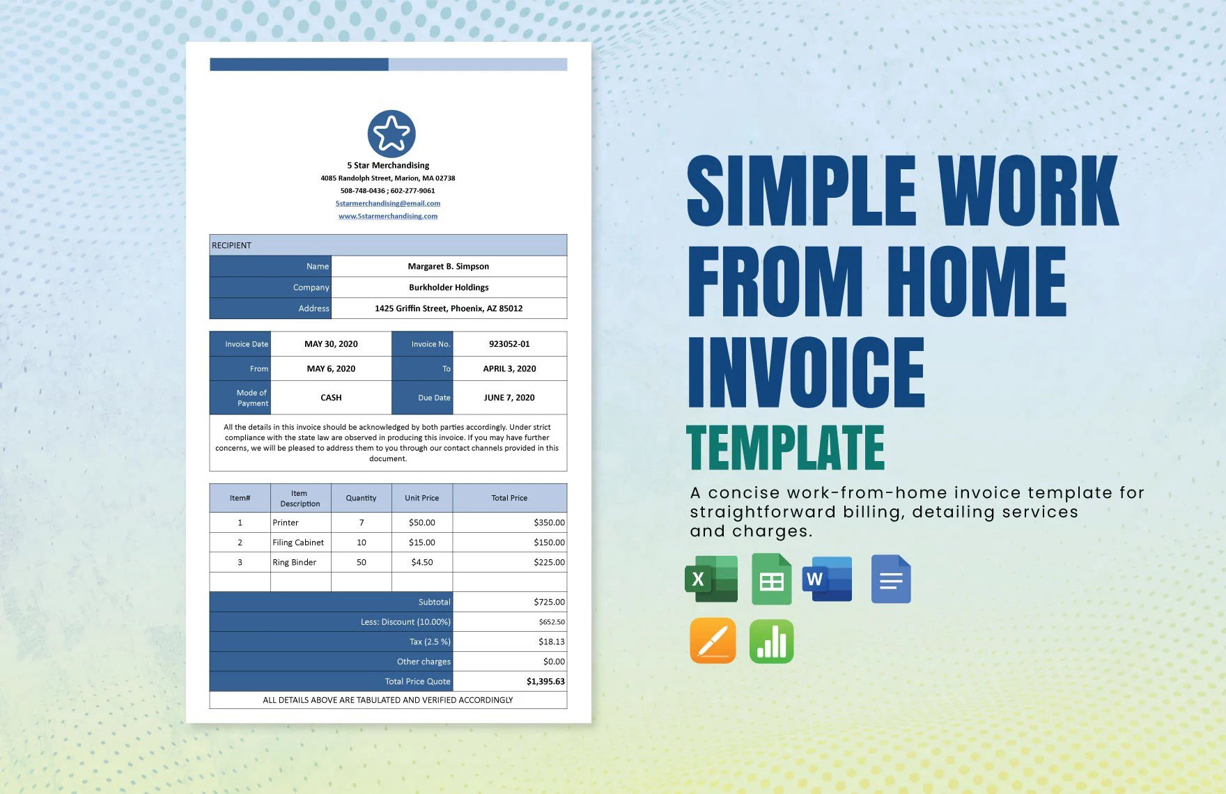 Free Simple Work From Home Invoice Template in Word, Google Docs, Excel, Google Sheets, Apple Pages, Apple Numbers