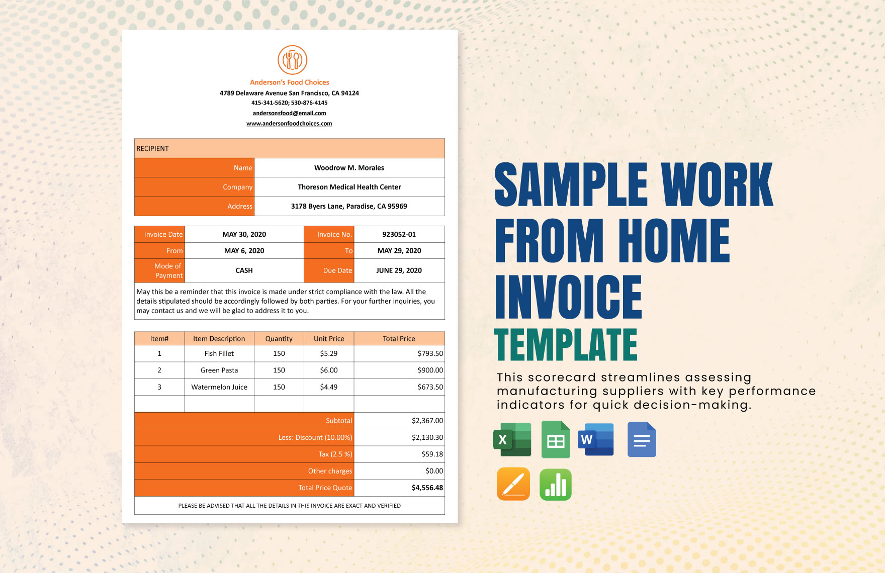 Sample Work From Home Invoice Template in Google Docs, Google Sheets, Excel, Word, Pages, Apple Numbers - Download | Template.net