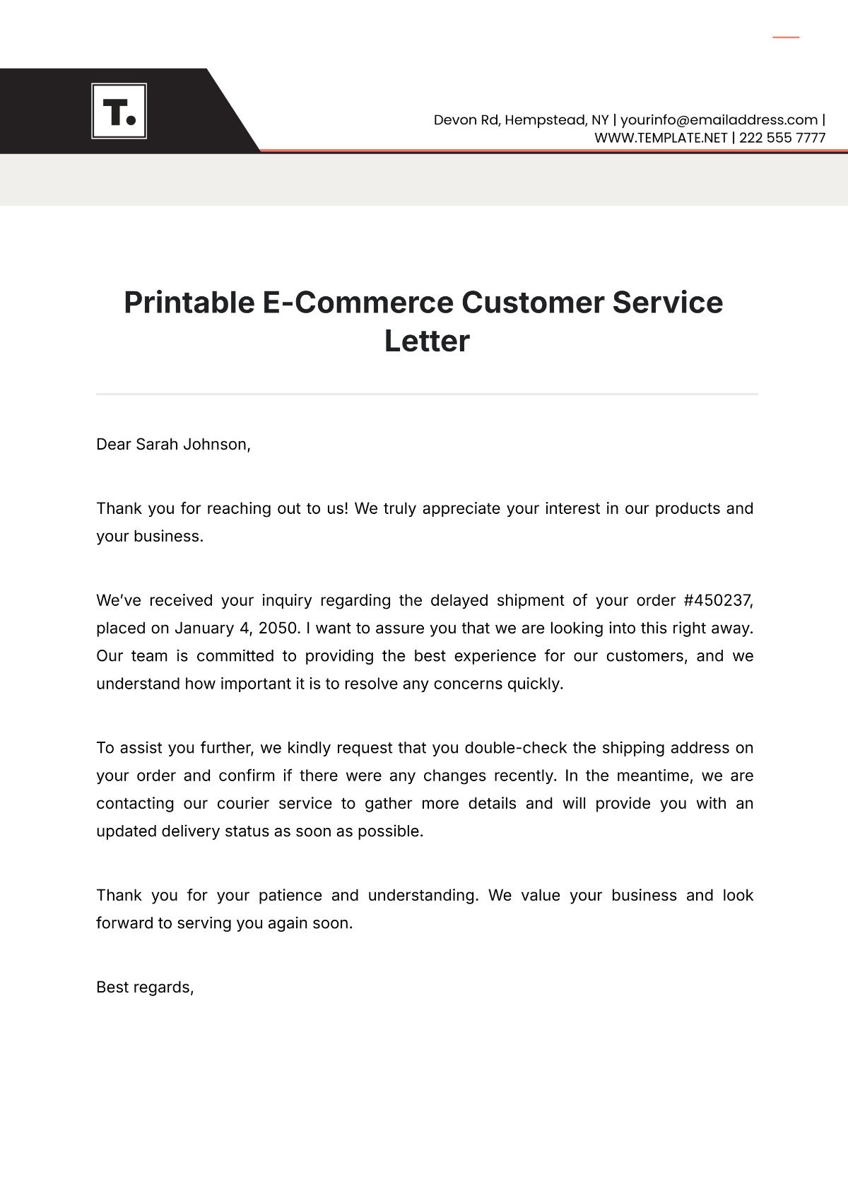 Printable E-Commerce Customer Service Letter Template - Edit Online & Download