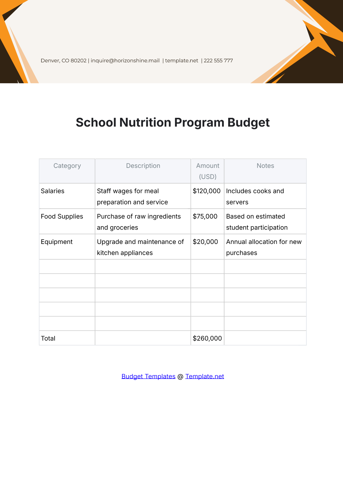 Free School Nutrition Program Budget Template