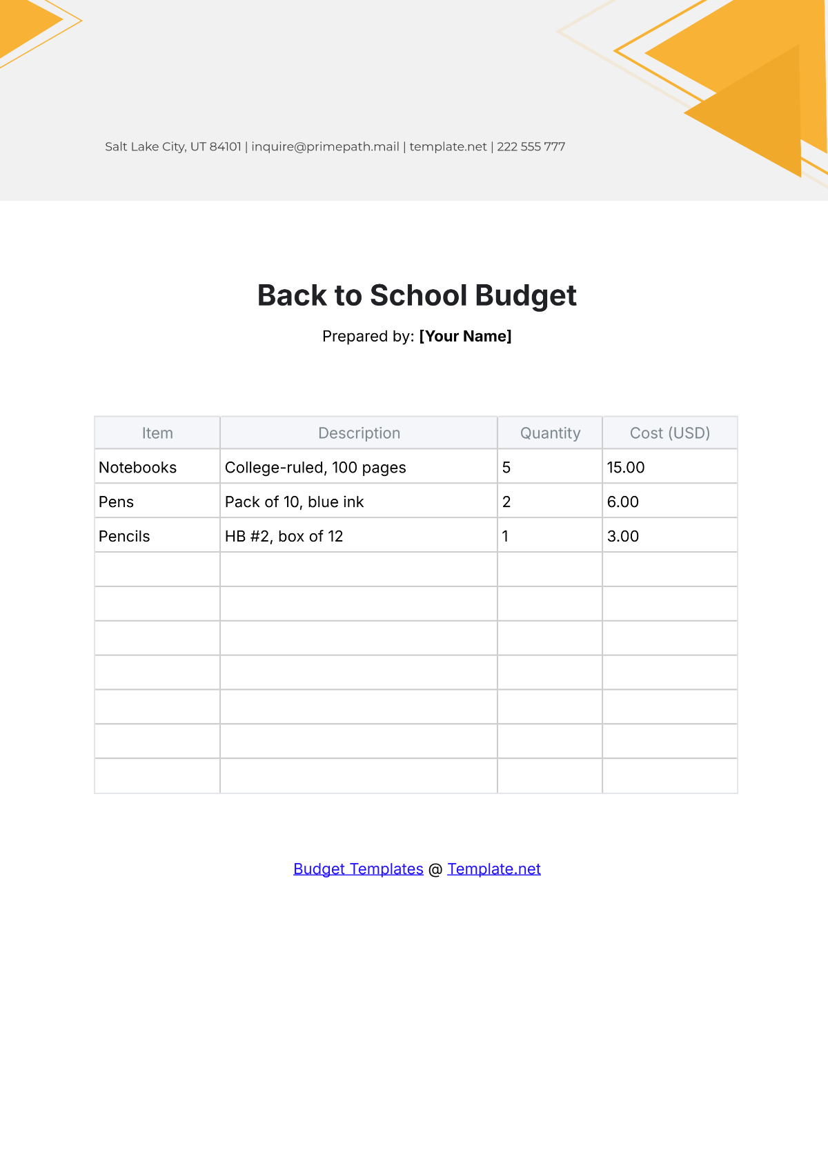 Free Back to School Budget Template