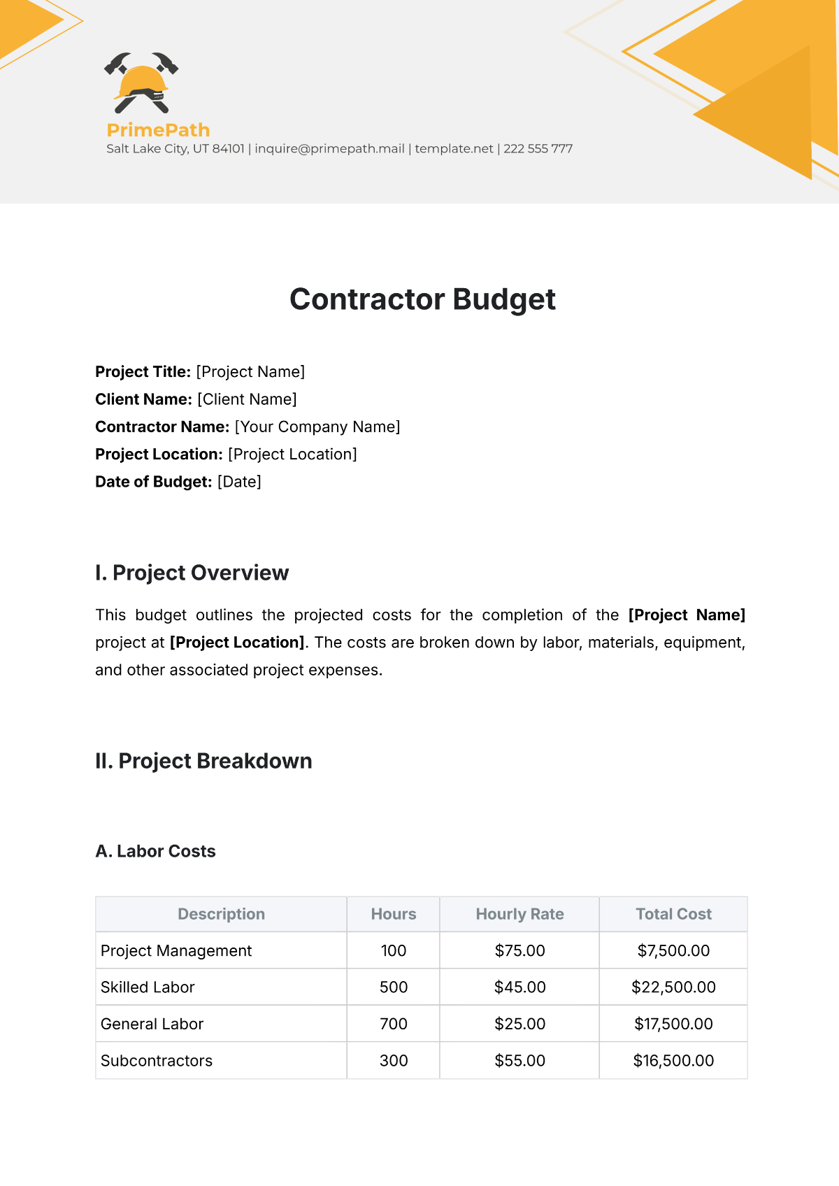 Free Contractor Budget Template