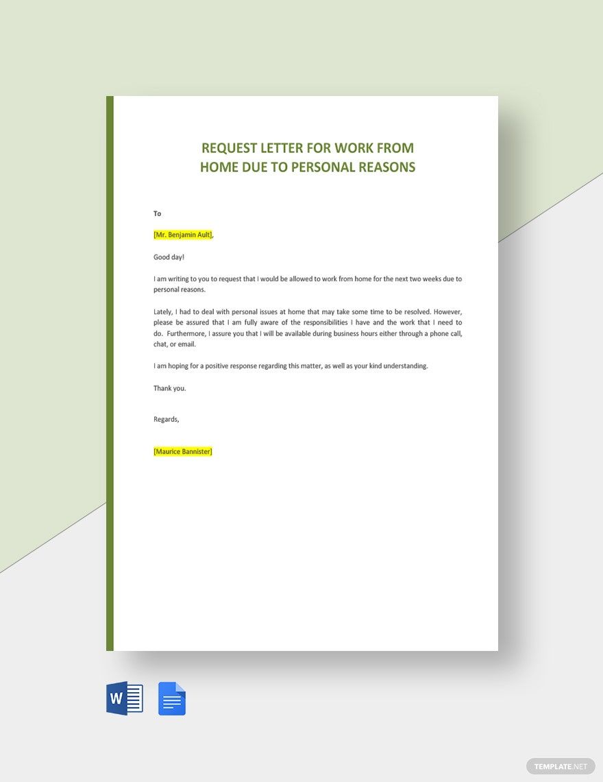 Request Letter For Work From Home Due To Personal Reasons in Word, Google Docs, PDF