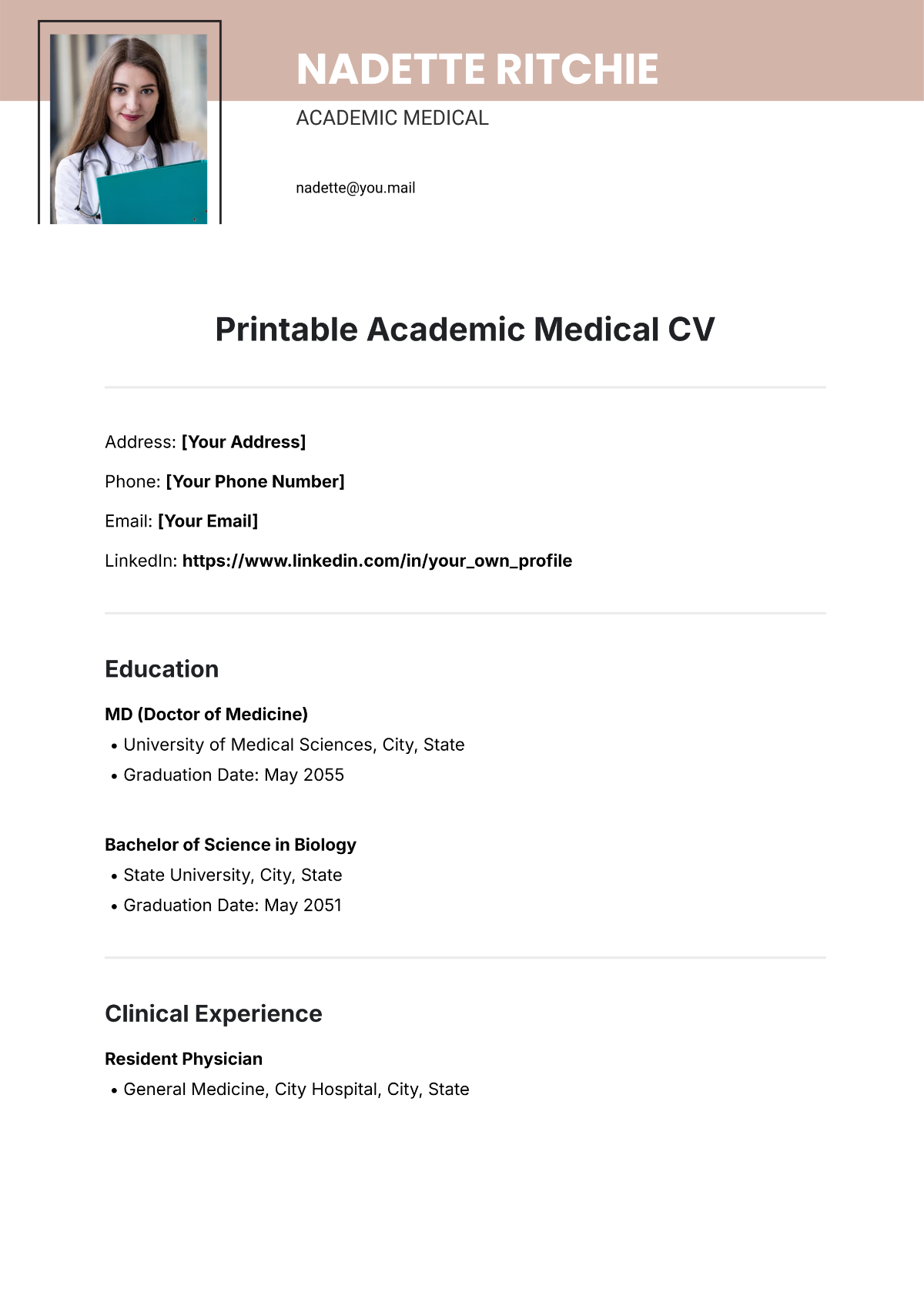 Free Printable Academic Medical CV Template