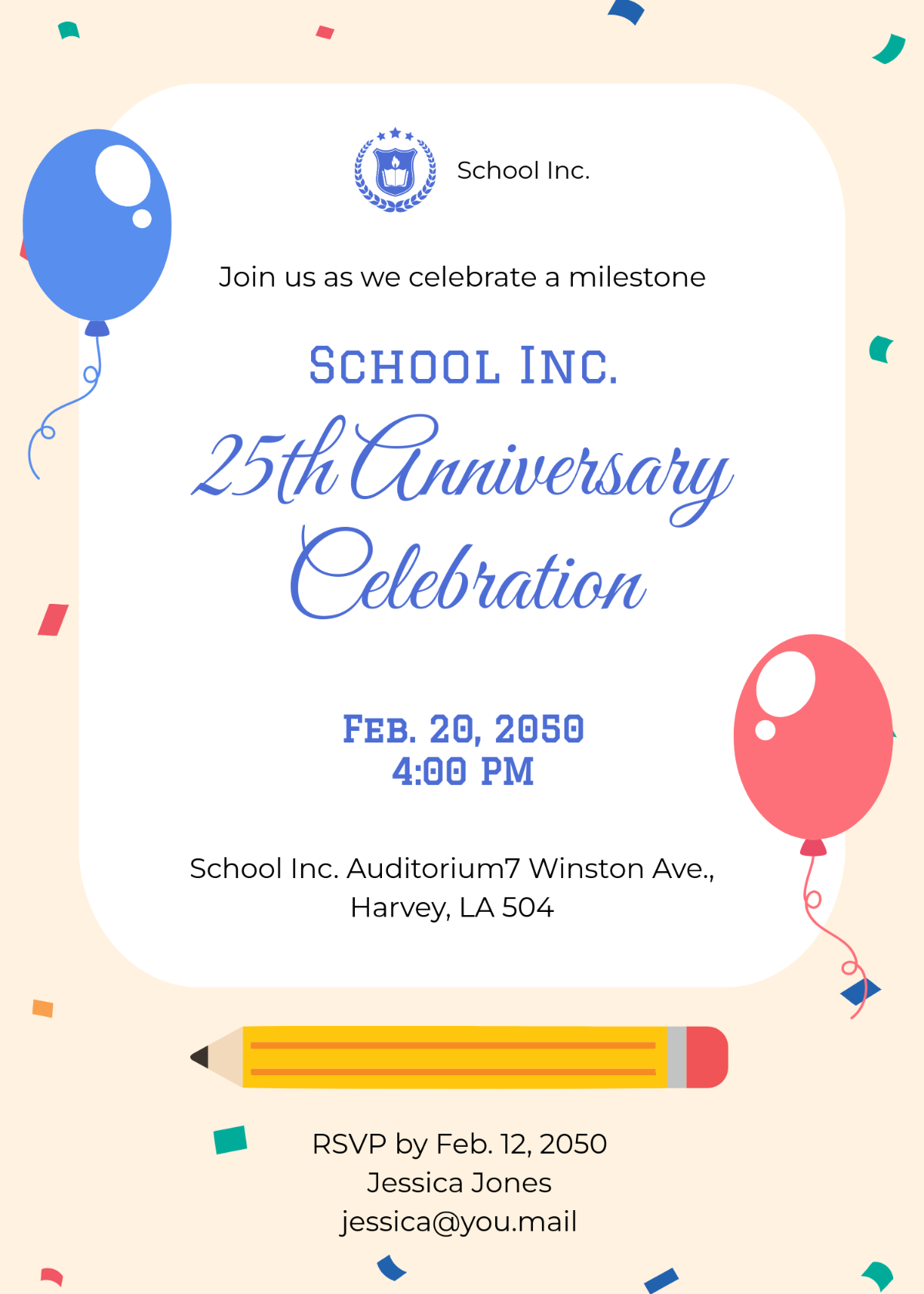 Free School Anniversary Celebration Invitation Template