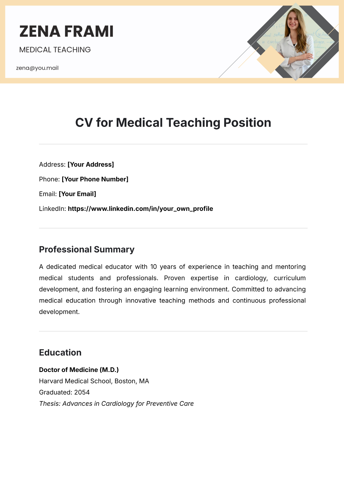 CV for Medical Teaching Position Template - Edit Online & Download