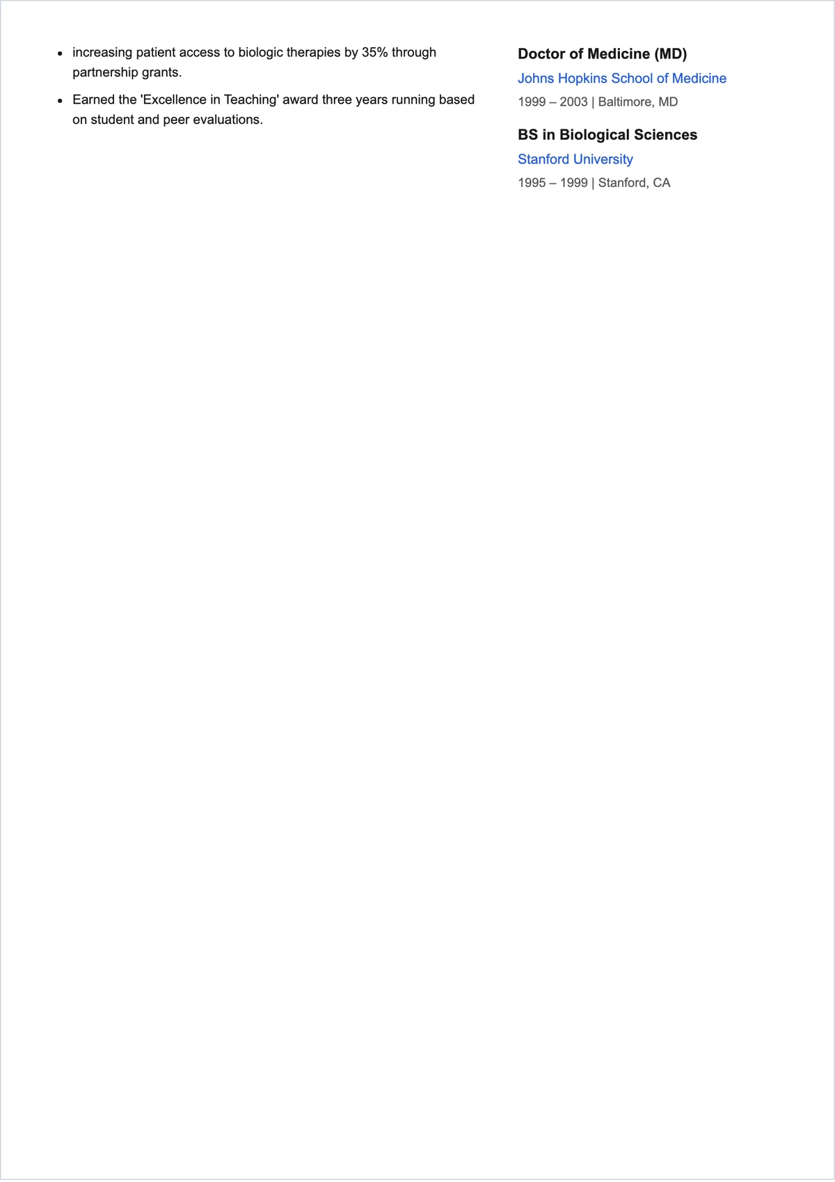 Free Medical Teaching ATS CV Template, AI CV Builder