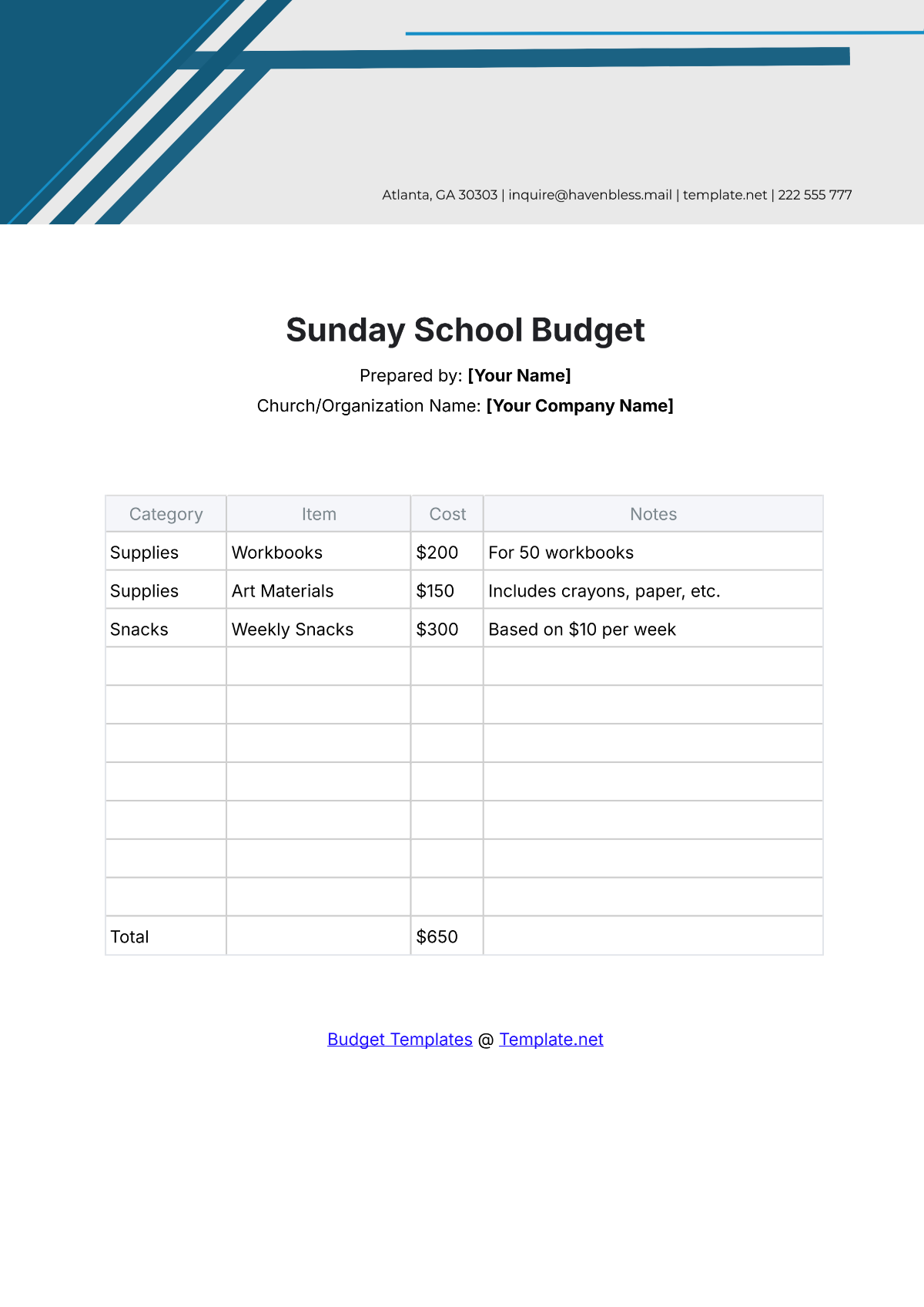 Free Sunday School Budget Template