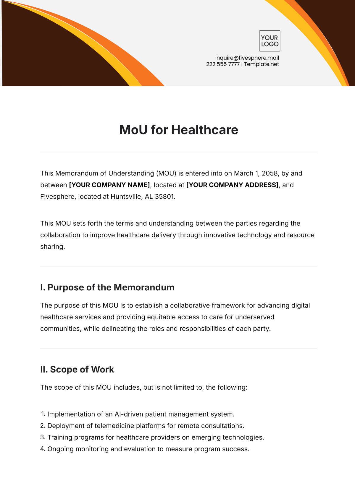 Free MoU Template for Healthcare