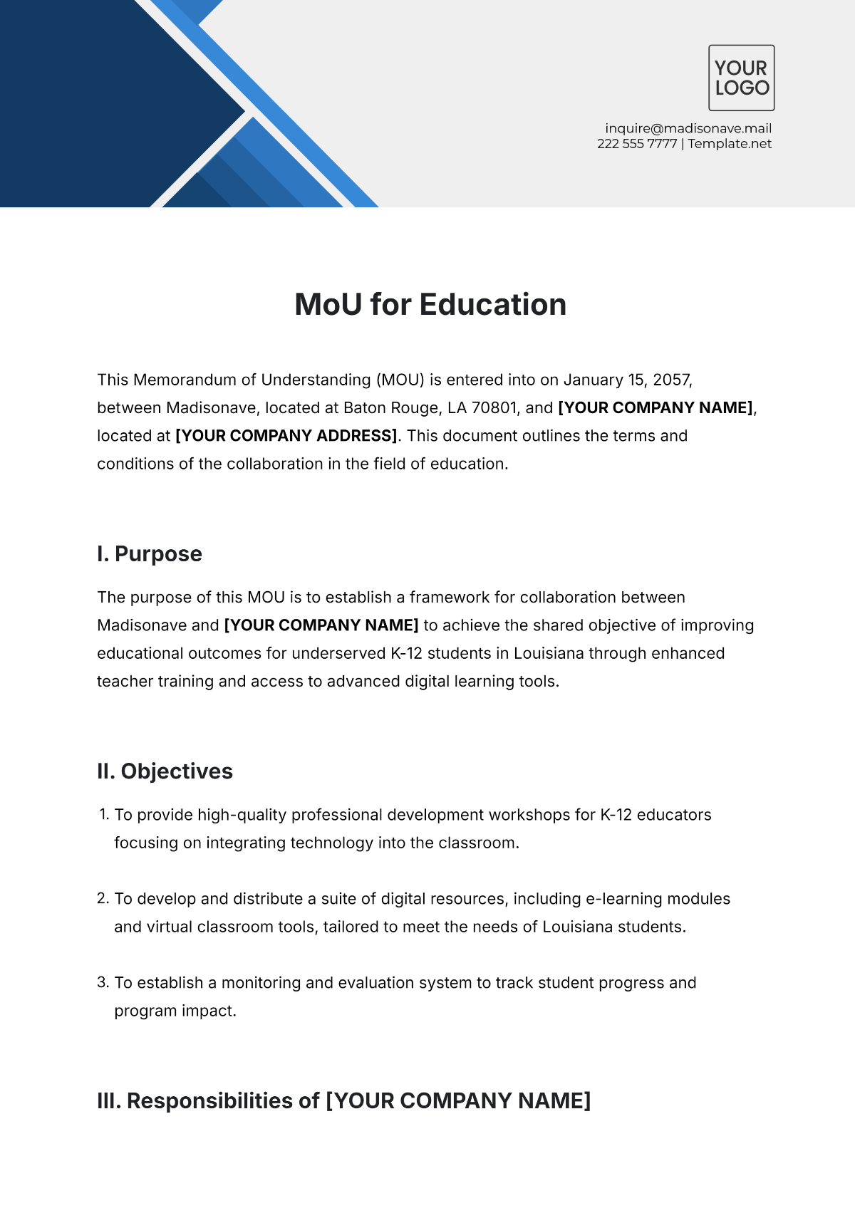 Free MoU Template for Education