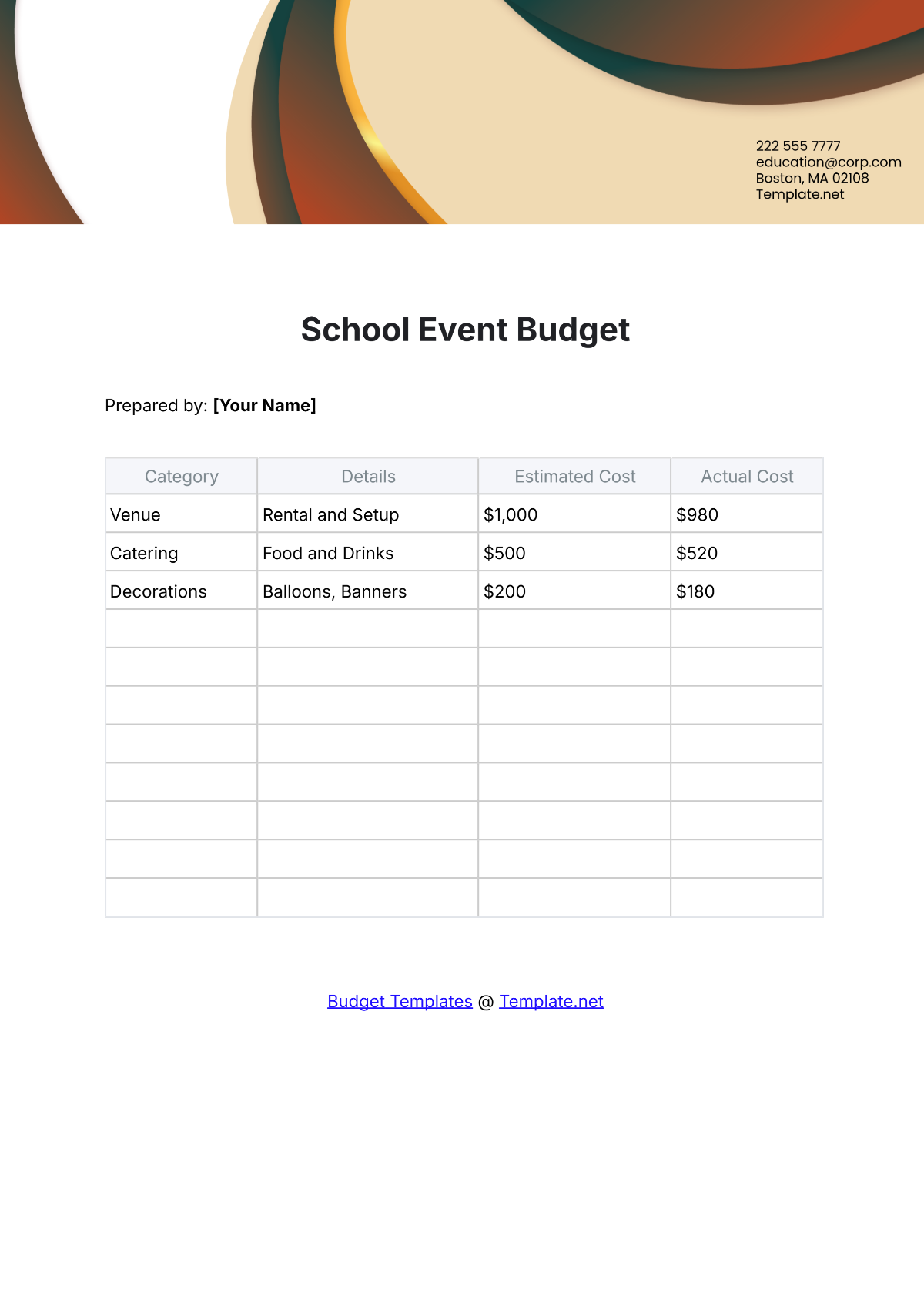 Free School Event Budget Template