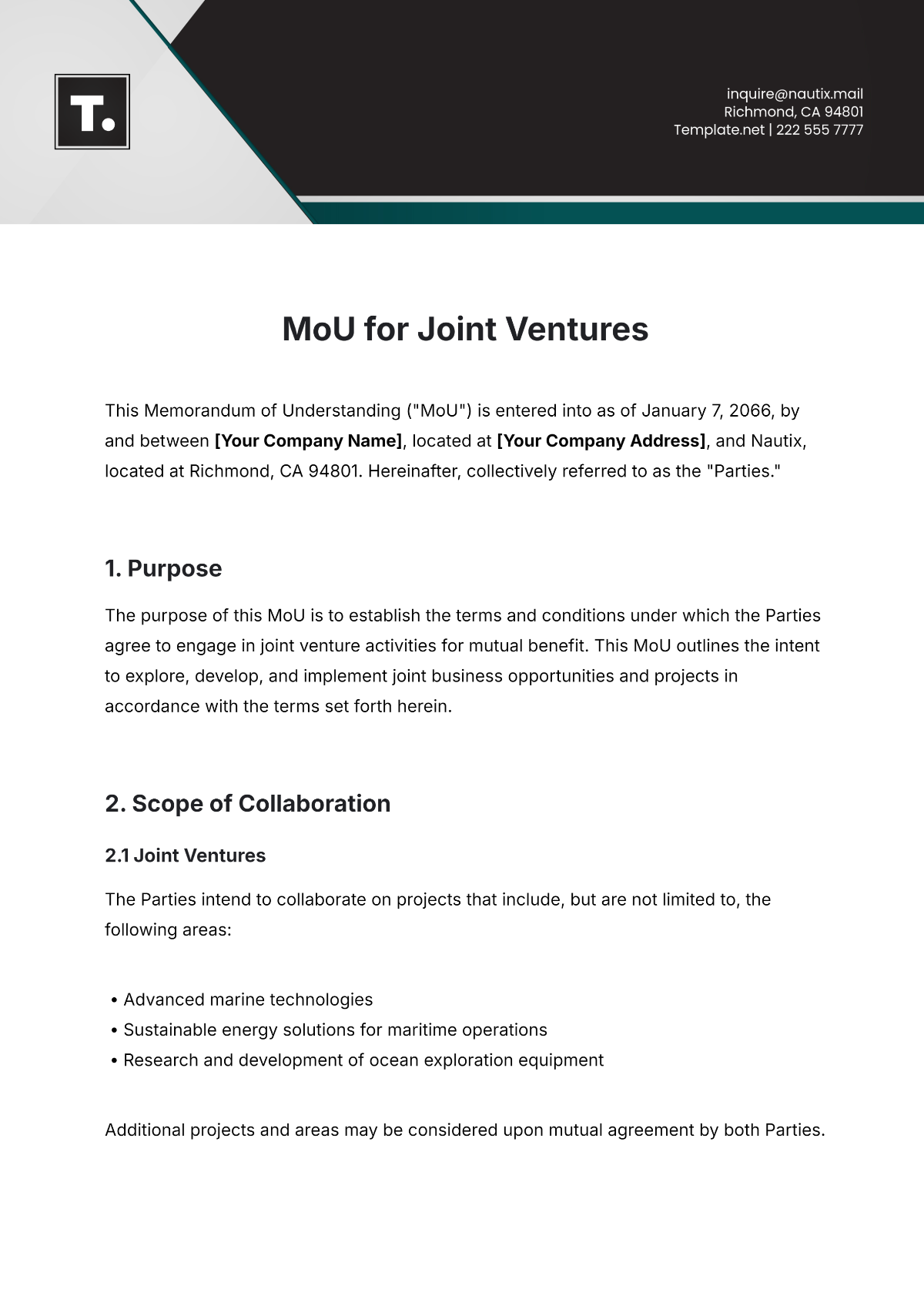 Free MoU Template for Joint Ventures