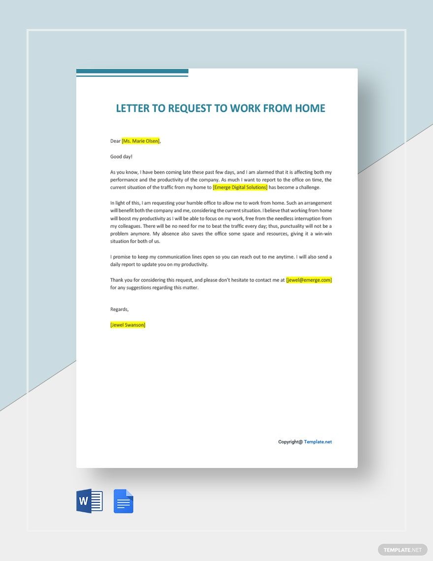 Free Letter to Request to Work from Home Template