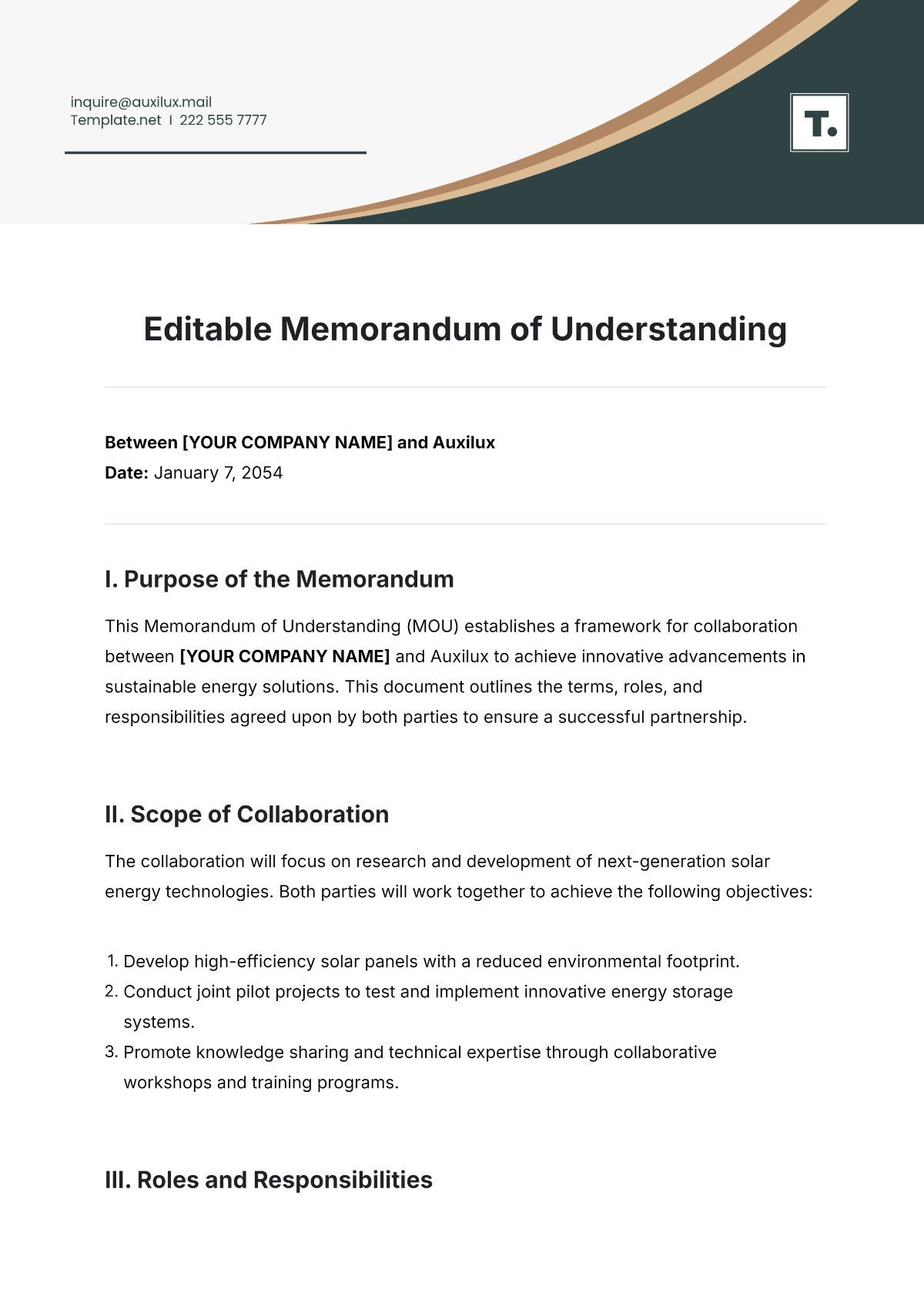 Free Editable Memorandum of Understanding Template