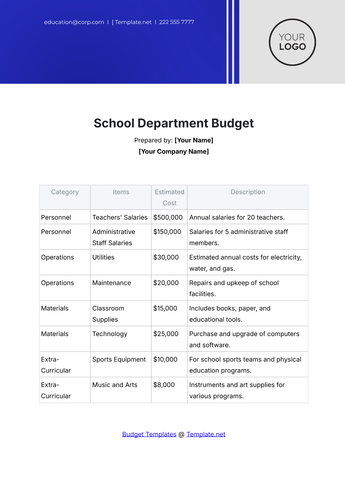 Free School Department Budget Template