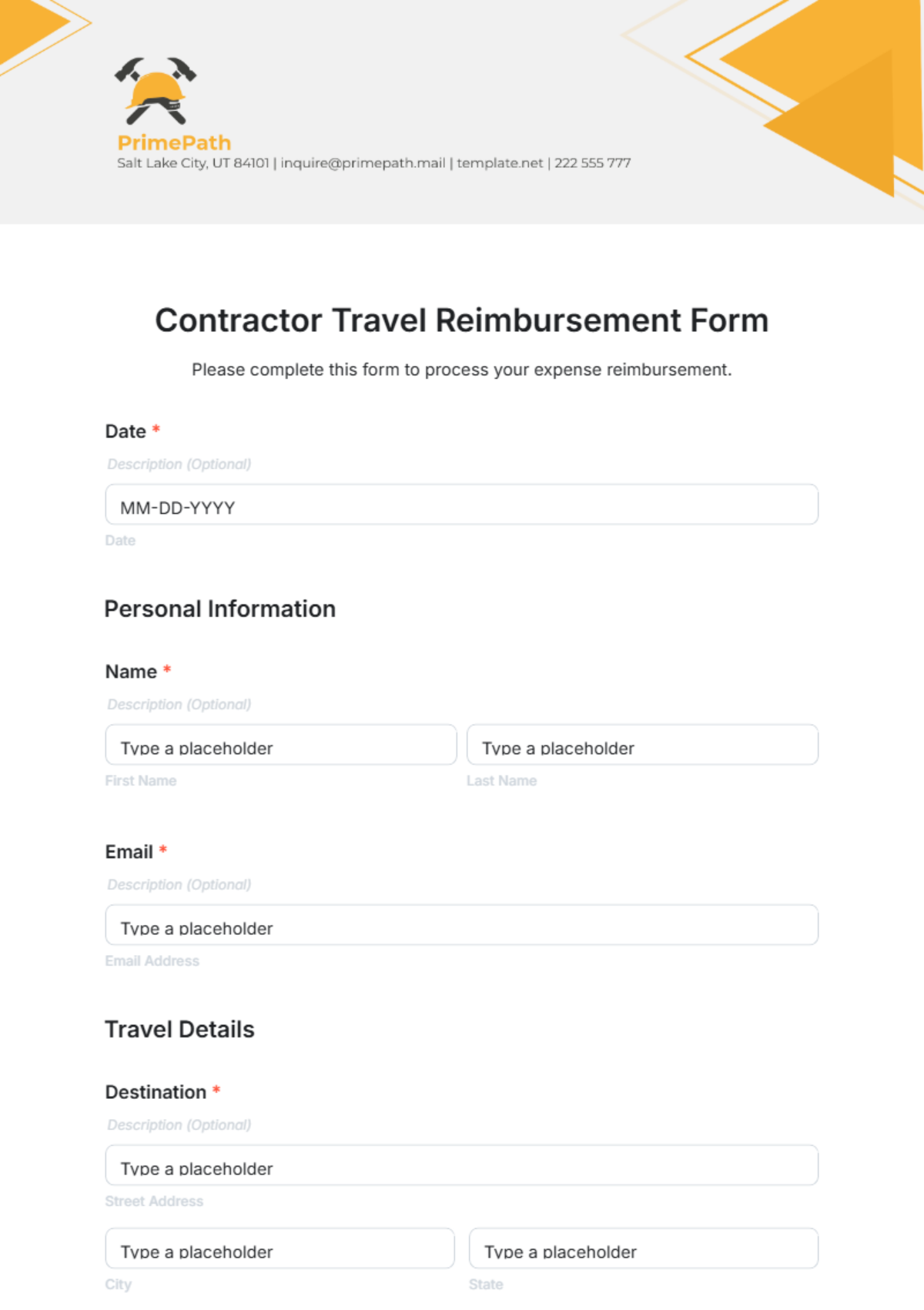 Free Contractor Travel Reimbursement Form Template