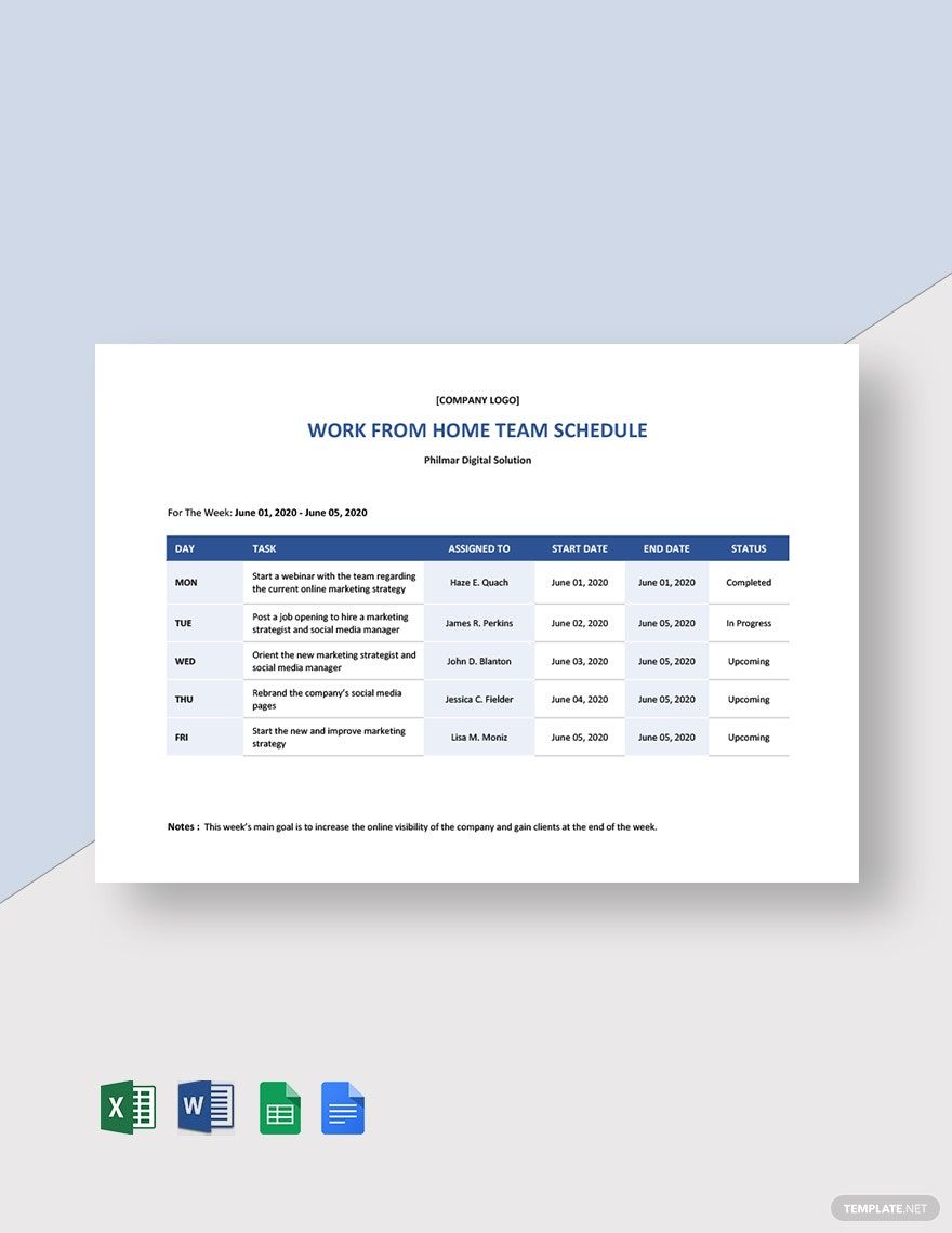 Team Work From Home Schedule Template in Word, Google Docs, Excel, Google Sheets, Apple Pages